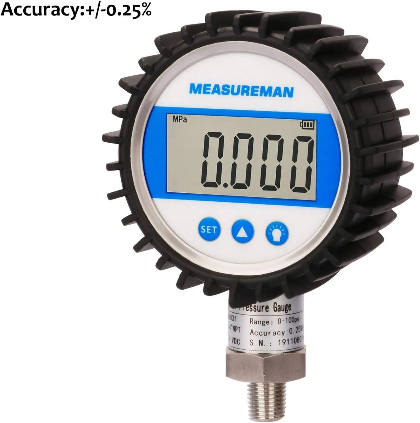 گیج فشار دیجیتال MEASUREMAN، سایز صفحه 3-1/8 اینچ، 0-10000psi/bar/Mpa، اتصال 1/4 اینچ NPT از پایین، دقت 0.25% گیج فشار دیجیتال MEASUREMAN، سایز صفحه 3-1/8 اینچ، 0-10000psi/bar/Mpa، اتصال 1/4 اینچ NPT از پایین، دقت 0.25%