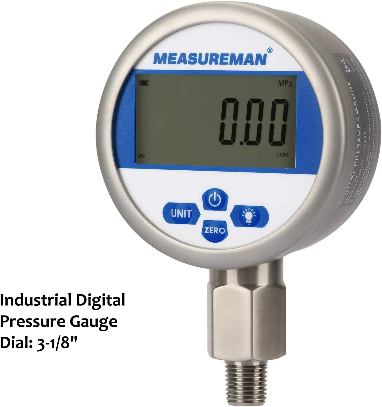 فشارسنج دیجیتال MEASUREMAN 0-10000psi، صفحه 3-1/8 اینچی، 1/4 اینچ NPT پایین، بدنه و اتصال استیل ضد زنگ، 0.4٪، با باتری، با نور LED فشارسنج دیجیتال MEASUREMAN 0-10000psi، صفحه 3-1/8 اینچی، 1/4 اینچ NPT پایین، بدنه و اتصال استیل ضد زنگ، 0.4٪، با باتری، با نور LED