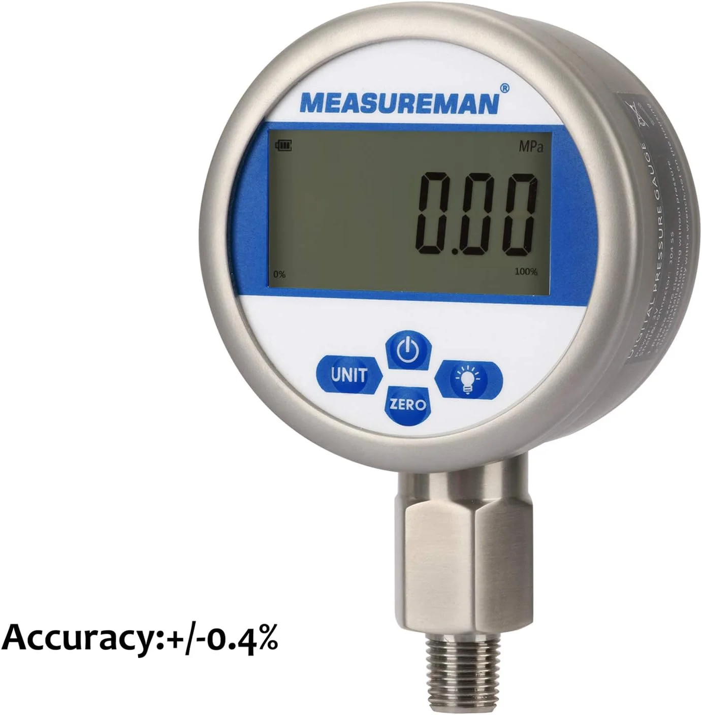 فشارسنج دیجیتال MEASUREMAN 0-10000psi، صفحه 3-1/8 اینچی، 1/4 اینچ NPT پایین، بدنه و اتصال استیل ضد زنگ، 0.4٪، با باتری، با نور LED فشارسنج دیجیتال MEASUREMAN 0-10000psi، صفحه 3-1/8 اینچی، 1/4 اینچ NPT پایین، بدنه و اتصال استیل ضد زنگ، 0.4٪، با باتری، با نور LED