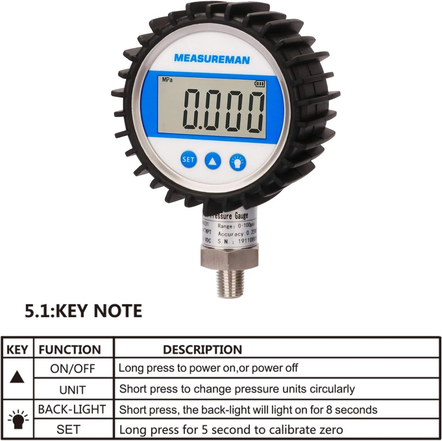 گیج فشار دیجیتال MEASUREMAN، سایز صفحه 3-1/8 اینچ، 0-10000psi/bar/Mpa، اتصال 1/4 اینچ NPT از پایین، دقت 0.25% گیج فشار دیجیتال MEASUREMAN، سایز صفحه 3-1/8 اینچ، 0-10000psi/bar/Mpa، اتصال 1/4 اینچ NPT از پایین، دقت 0.25%