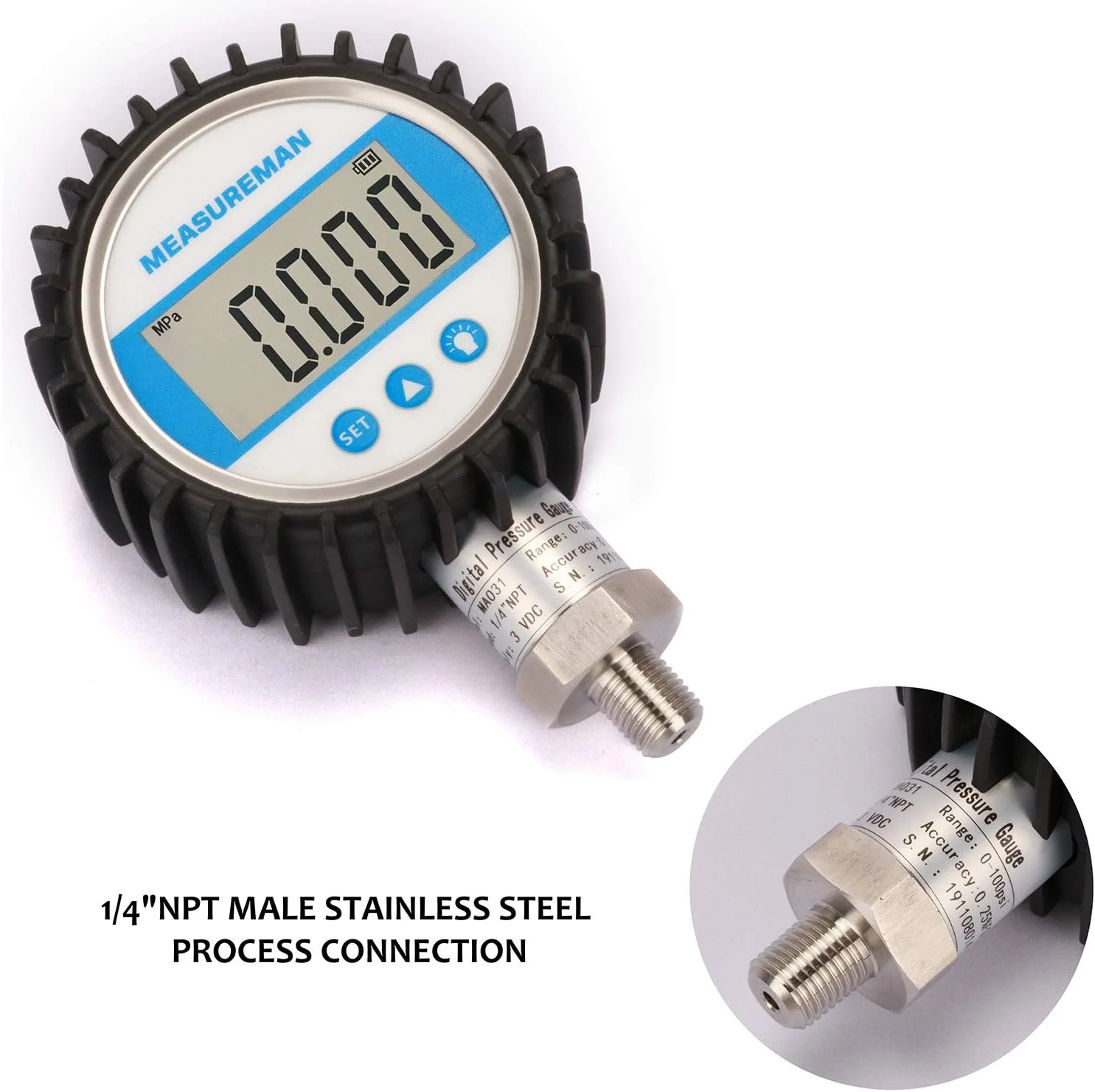 گیج فشار دیجیتال MEASUREMAN، سایز صفحه 3-1/8 اینچ، 0-10000psi/bar/Mpa، اتصال 1/4 اینچ NPT از پایین، دقت 0.25% گیج فشار دیجیتال MEASUREMAN، سایز صفحه 3-1/8 اینچ، 0-10000psi/bar/Mpa، اتصال 1/4 اینچ NPT از پایین، دقت 0.25%