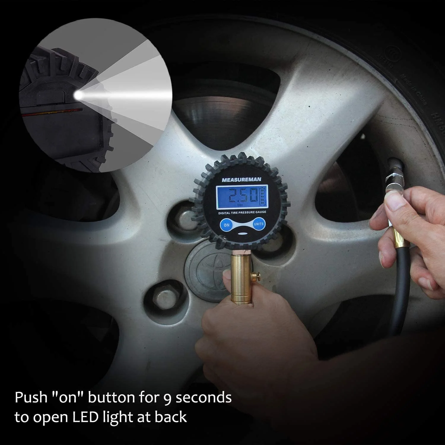 گیج فشار هوای دیجیتال MEASUREMAN با صفحه نمایش 2-1/2 اینچی، اتصال 1/4 اینچی NPT از پایین و روکش محافظ، 0-200psi، دقت 1٪، تغذیه با باتری با نور LED گیج فشار هوای دیجیتال MEASUREMAN با صفحه نمایش 2-1/2 اینچی، اتصال 1/4 اینچی NPT از پایین و روکش محافظ، 0-200psi، دقت 1٪، تغذیه با باتری با نور LED