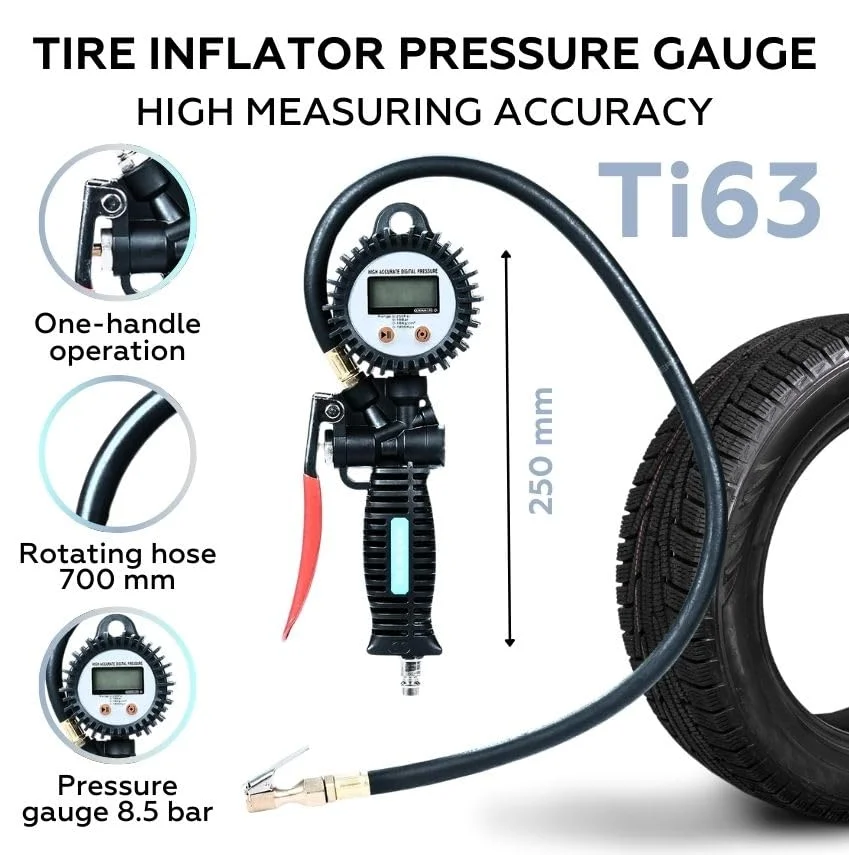 نوردبرگ درجه باد دیجیتال تایر مدل Ti63 مناسب کار سنگین، با شیلنگ لاستیکی 70 سانتی متری، نمایش 4 واحد PSI، KPA، Bar یا Kg/cm2. حداکثر فشار 8.5 بار