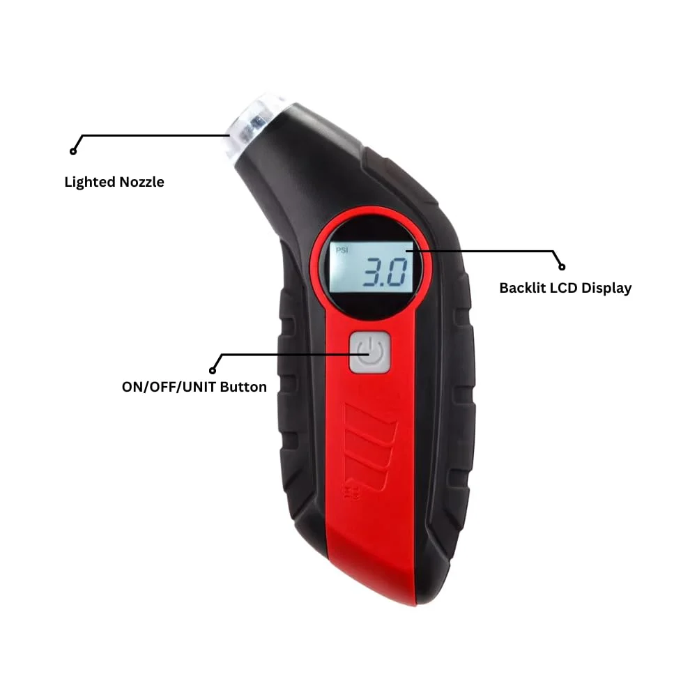 فشارسنج دیجیتال لاستیک موتومستر با نور، قرائت دقیق، جمع و جور، صفحه نمایش ال سی دی با نور پس زمینه، چراغ ال ای دی داخلی برای استفاده در شب، مشکی فشارسنج دیجیتال لاستیک موتومستر با نور، قرائت دقیق، جمع و جور، صفحه نمایش ال سی دی با نور پس زمینه، چراغ ال ای دی داخلی برای استفاده در شب، مشکی