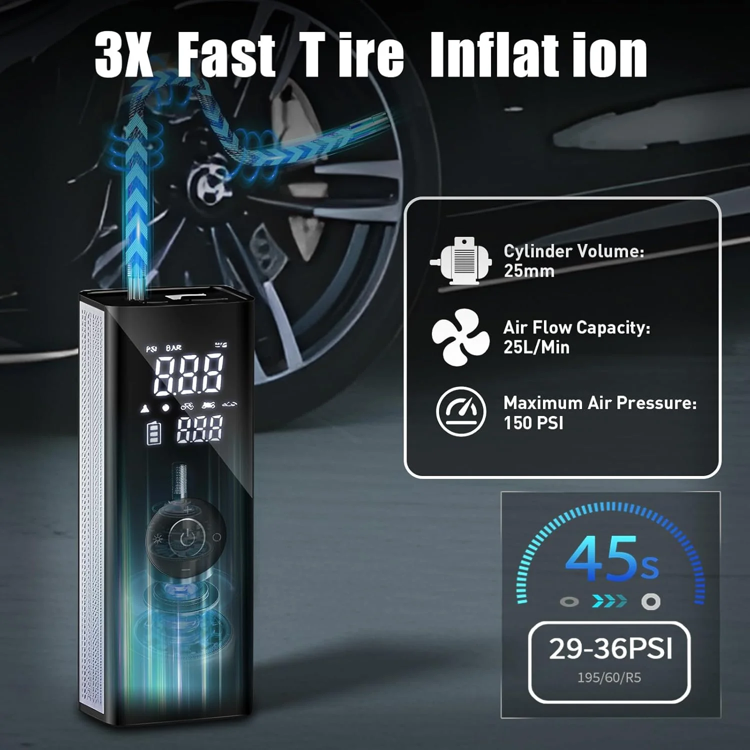 پمپ باد لاستیک PINREK، کمپرسور هوای قابل حمل 150 PSI، پمپ باد برقی خودرو با فشارسنج دیجیتال، چراغ LED برای اتومبیل، موتورسیکلت، دوچرخه، توپ (بی سیم و با سیم - 25 لیتر در دقیقه و 7800 میلی آمپر ساعت)