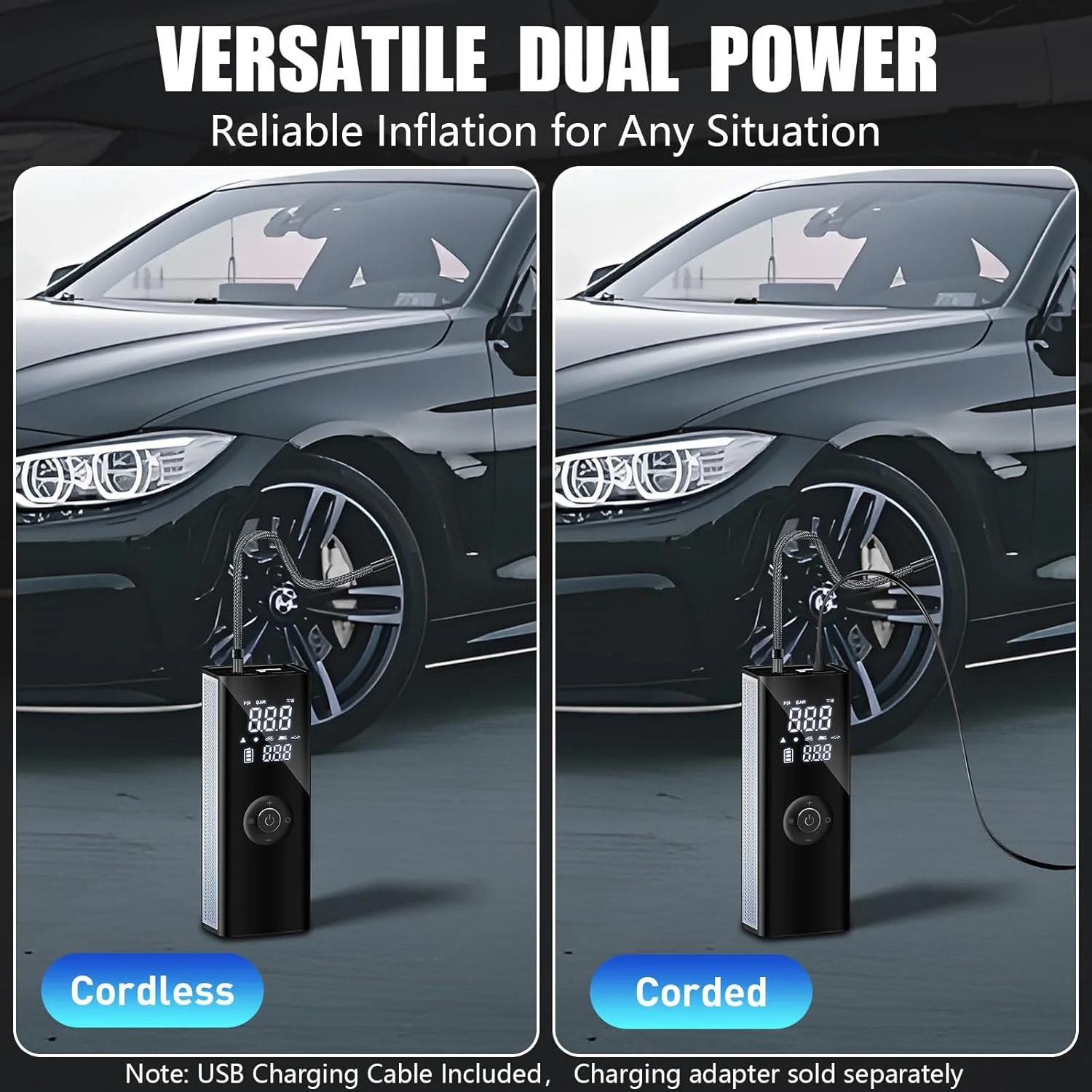 پمپ باد لاستیک PINREK، کمپرسور هوای قابل حمل 150 PSI، پمپ باد برقی خودرو با فشارسنج دیجیتال، چراغ LED برای اتومبیل، موتورسیکلت، دوچرخه، توپ (بی سیم و با سیم - 25 لیتر در دقیقه و 7800 میلی آمپر ساعت)