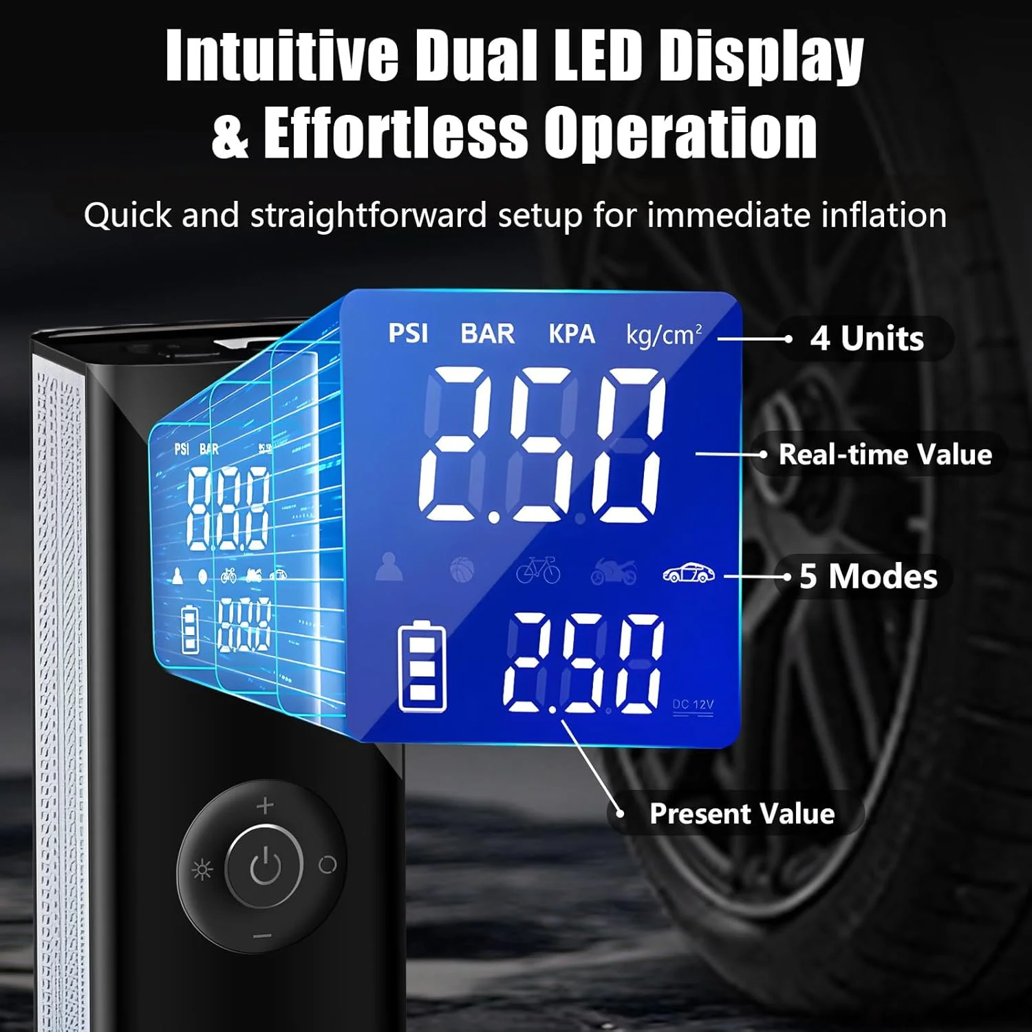 پمپ باد لاستیک PINREK، کمپرسور هوای قابل حمل 150 PSI، پمپ باد برقی خودرو با فشارسنج دیجیتال، چراغ LED برای اتومبیل، موتورسیکلت، دوچرخه، توپ (بی سیم و با سیم - 25 لیتر در دقیقه و 7800 میلی آمپر ساعت)