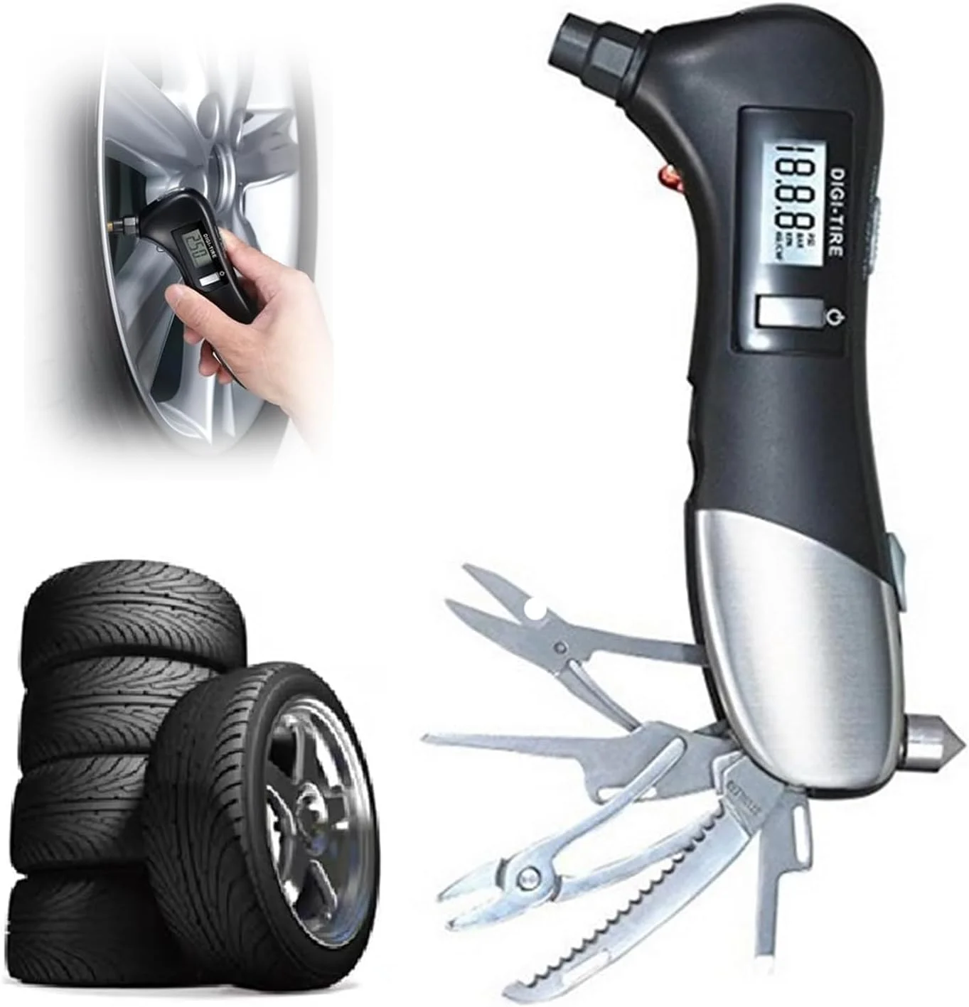 فشارسنج دیجیتال تایر آزونی، 2-150 PSI، ابزار چندکاره 10 در 1 با چراغ قوه، چکش شیشه و ویژگی های اضطراری برای اتومبیل، کامیون و دوچرخه، شیشه شکن خودرو فشارسنج دیجیتال تایر آزونی، 2-150 PSI، ابزار چندکاره 10 در 1 با چراغ قوه، چکش شیشه و ویژگی های اضطراری برای اتومبیل، کامیون و دوچرخه، شیشه شکن خودرو