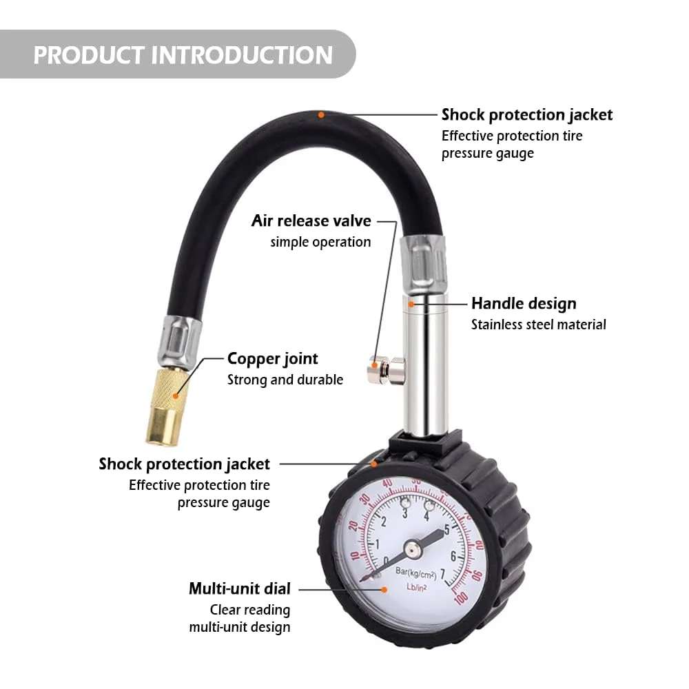 فشارسنج باد تایر خودرو با صفحه نمایش 100PSI، فشارسنج مکانیکی برای افزایش ایمنی تایر، مناسب برای کامیون، SUV، خودرو، موتورسیکلت و غیره فشارسنج باد تایر خودرو با صفحه نمایش 100PSI، فشارسنج مکانیکی برای افزایش ایمنی تایر، مناسب برای کامیون، SUV، خودرو، موتورسیکلت و غیره