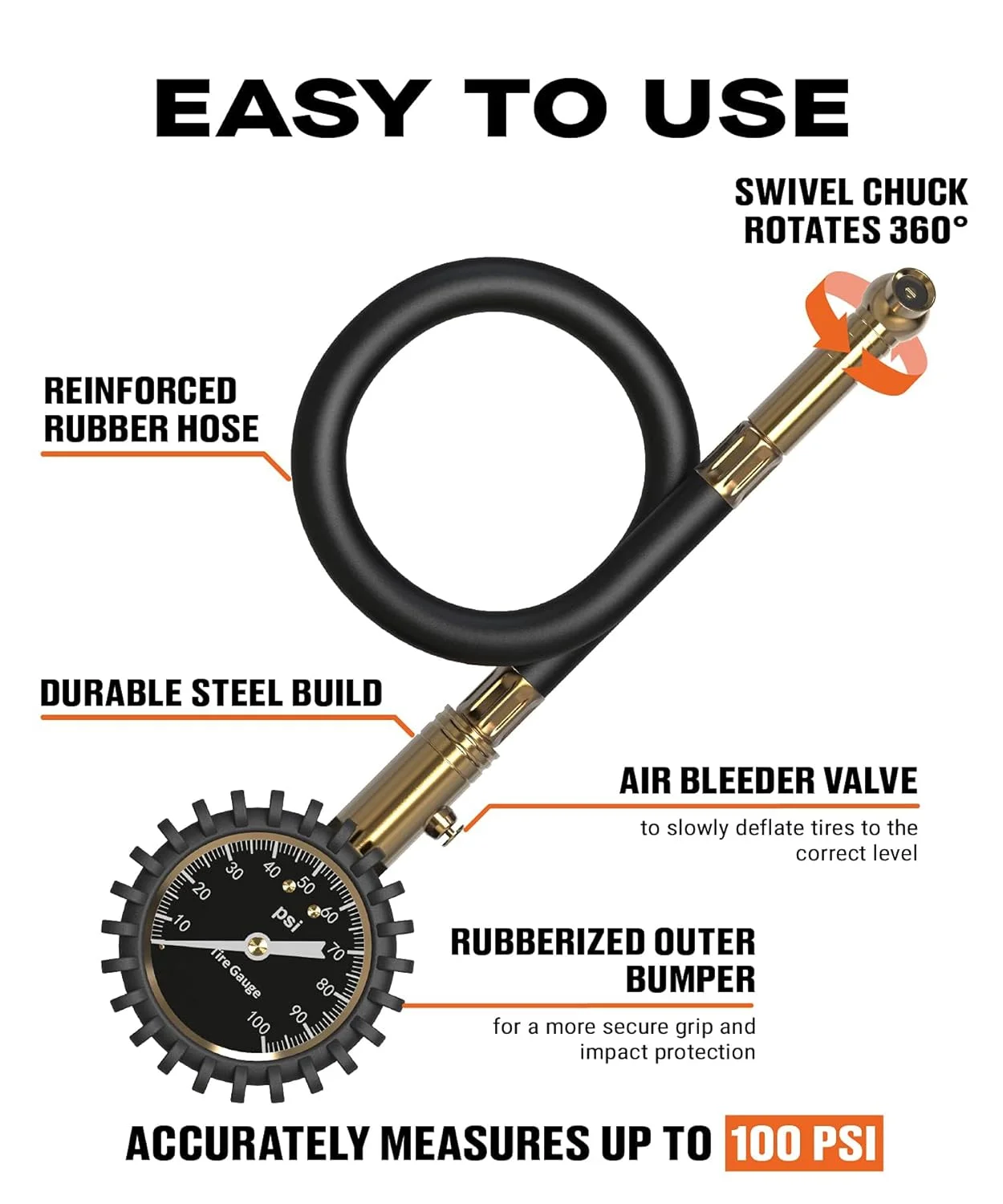 فشارسنج تایر، 0-100 PSI، دارای دقت تایید شده ANSI B40.1 با صفحه نمایش بزرگ 2 اینچی، خواندن آسان برای خودرو، شاسی بلند، کامیون و موتورسیکلت فشارسنج تایر، 0-100 PSI، دارای دقت تایید شده ANSI B40.1 با صفحه نمایش بزرگ 2 اینچی، خواندن آسان برای خودرو، شاسی بلند، کامیون و موتورسیکلت