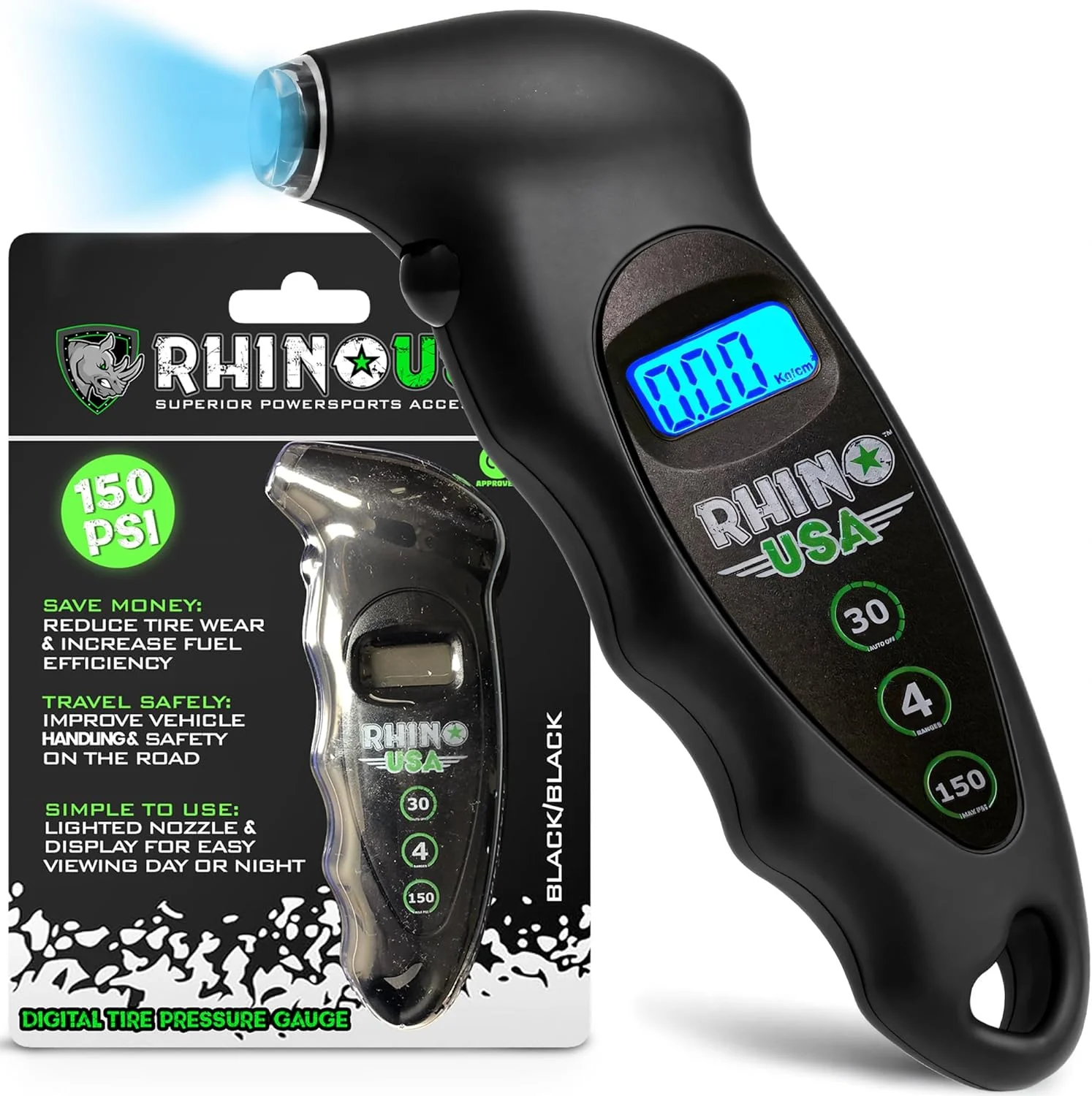 فشارسنج دیجیتال تایر راینو USA با طراحی ارگونومیک، نازل چراغ دار و صفحه نمایش LCD با نور پس زمینه - قرائت های دقیق فشارسنج دیجیتال تایر راینو USA با طراحی ارگونومیک، نازل چراغ دار و صفحه نمایش LCD با نور پس زمینه - قرائت های دقیق