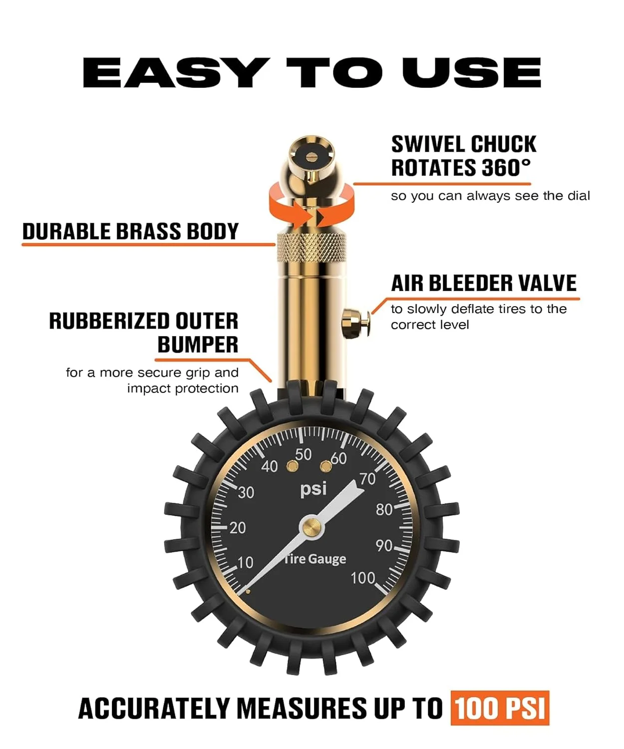 فشارسنج باد تایر (0-100 PSI)، فشارسنج باد تایر خودرو دارای گواهی ANSI با صفحه نمایش بزرگ 2 اینچی، فشارسنج باد تایر فشرده با PSI بالا برای تایر خودرو و کامیون