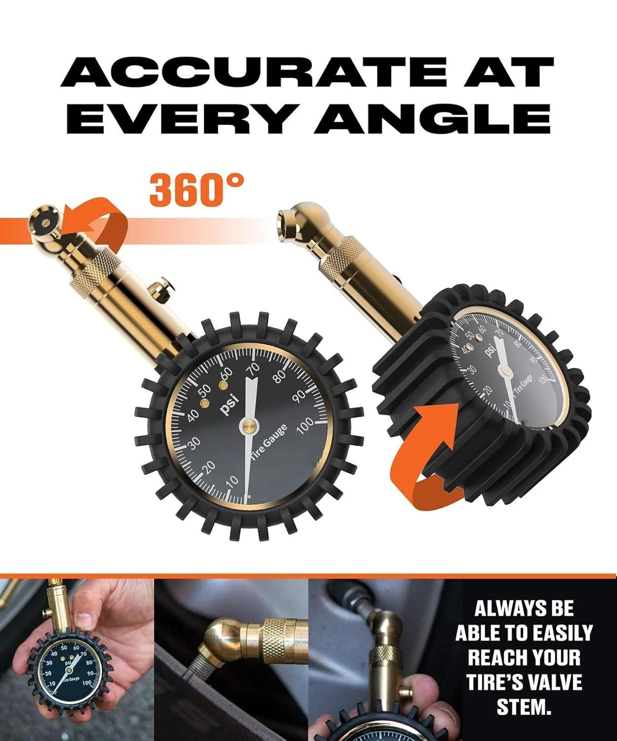 فشارسنج باد تایر (0-100 PSI)، فشارسنج باد تایر خودرو دارای گواهی ANSI با صفحه نمایش بزرگ 2 اینچی، فشارسنج باد تایر فشرده با PSI بالا برای تایر خودرو و کامیون