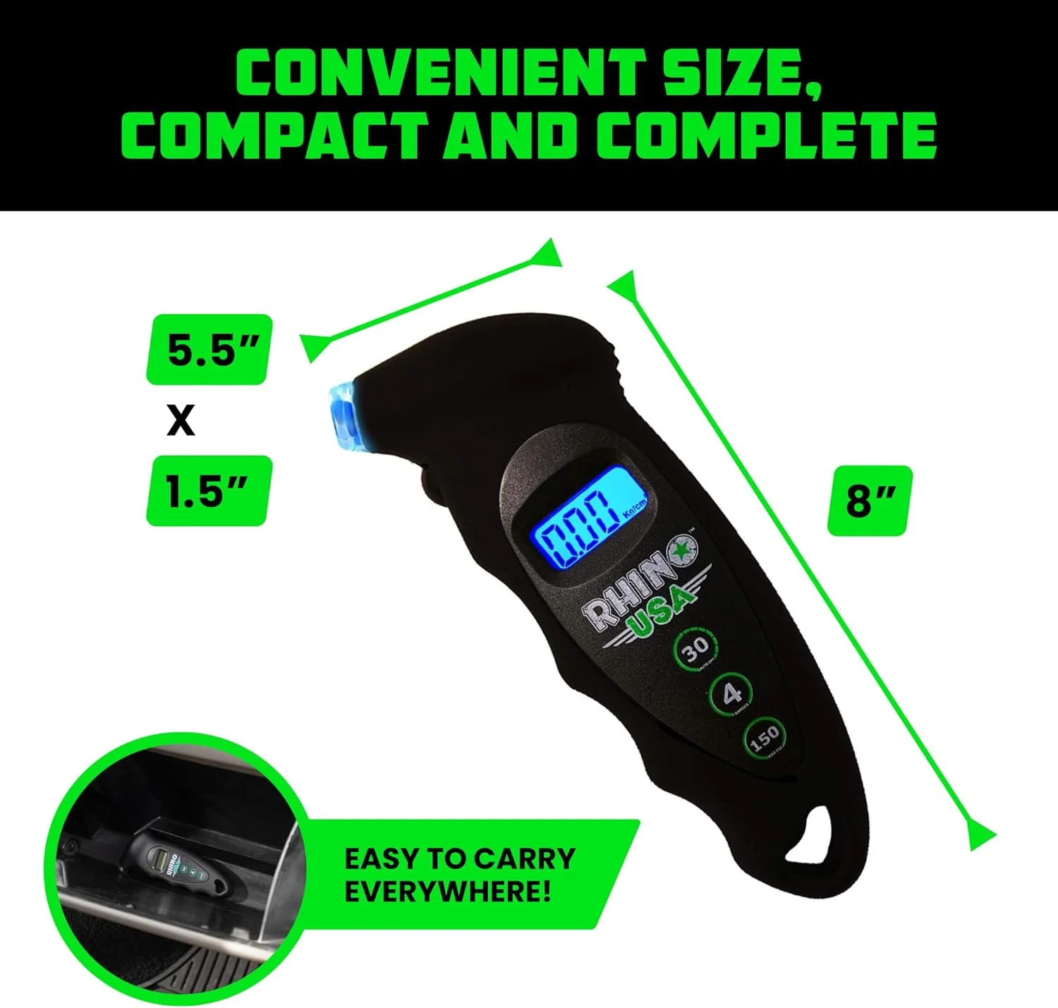 فشارسنج دیجیتال تایر راینو USA با طراحی ارگونومیک، نازل چراغ دار و صفحه نمایش LCD با نور پس زمینه - قرائت های دقیق فشارسنج دیجیتال تایر راینو USA با طراحی ارگونومیک، نازل چراغ دار و صفحه نمایش LCD با نور پس زمینه - قرائت های دقیق