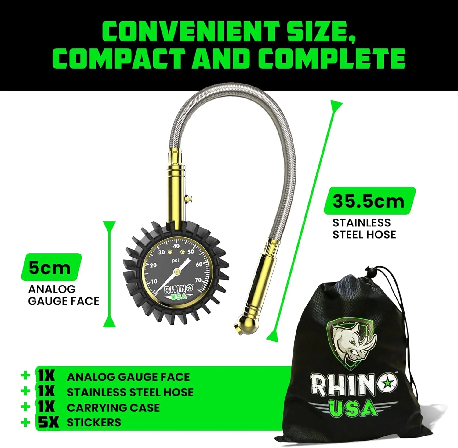 فشارسنج تایر سنگین RHINO USA (0-75 PSI) - دارای گواهی ANSI B40.1، صفحه نمایش بزرگ 2 اینچی با قابلیت خواندن آسان، شیلنگ بافته شده ممتاز، سخت افزار برنجی جامد، بهترین برای هر خودرو، کامیون، موتورسیکلت، RV فشارسنج تایر سنگین RHINO USA (0-75 PSI) - دارای گواهی ANSI B40.1، صفحه نمایش بزرگ 2 اینچی با قابلیت خواندن آسان، شیلنگ بافته شده ممتاز، سخت افزار برنجی جامد، بهترین برای هر خودرو، کامیون، موتورسیکلت، RV