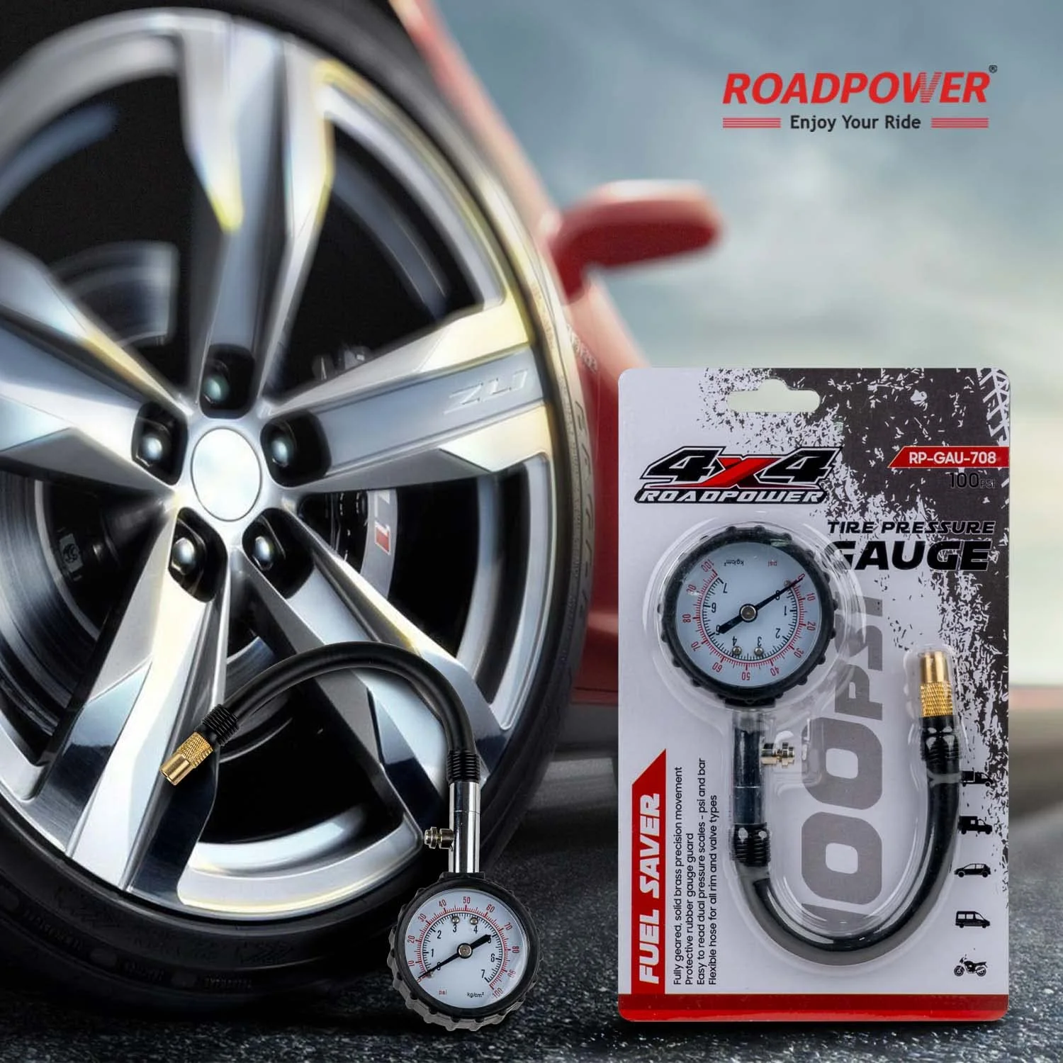 فشارسنج تایر ROADPOWER 4x4 با دقت 100 PSI - مناسب برای خودروها، کامیون ها، SUV، موتور سیکلت ها... مدل: RP-GAU-708 فشارسنج تایر ROADPOWER 4x4 با دقت 100 PSI - مناسب برای خودروها، کامیون ها، SUV، موتور سیکلت ها... مدل: RP-GAU-708