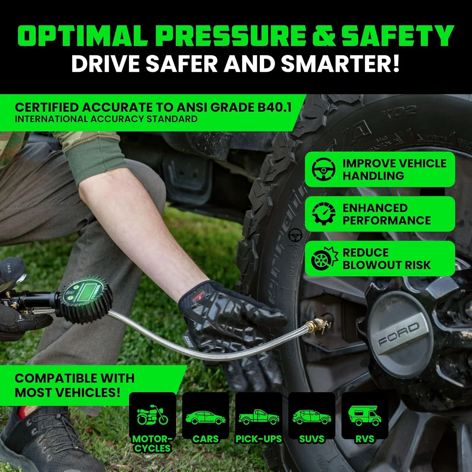 فشارسنج لاستیک سنگین رینو USA (0-200 PSI) - دارای دقت تایید شده ANSI B40.1، صفحه نمایش بزرگ 2 اینچی با قابلیت خواندن آسان، شیلنگ بافته شده ممتاز، سخت افزار برنجی جامد، بهترین برای هر خودرو، کامیون، موتور سیکلت، RV