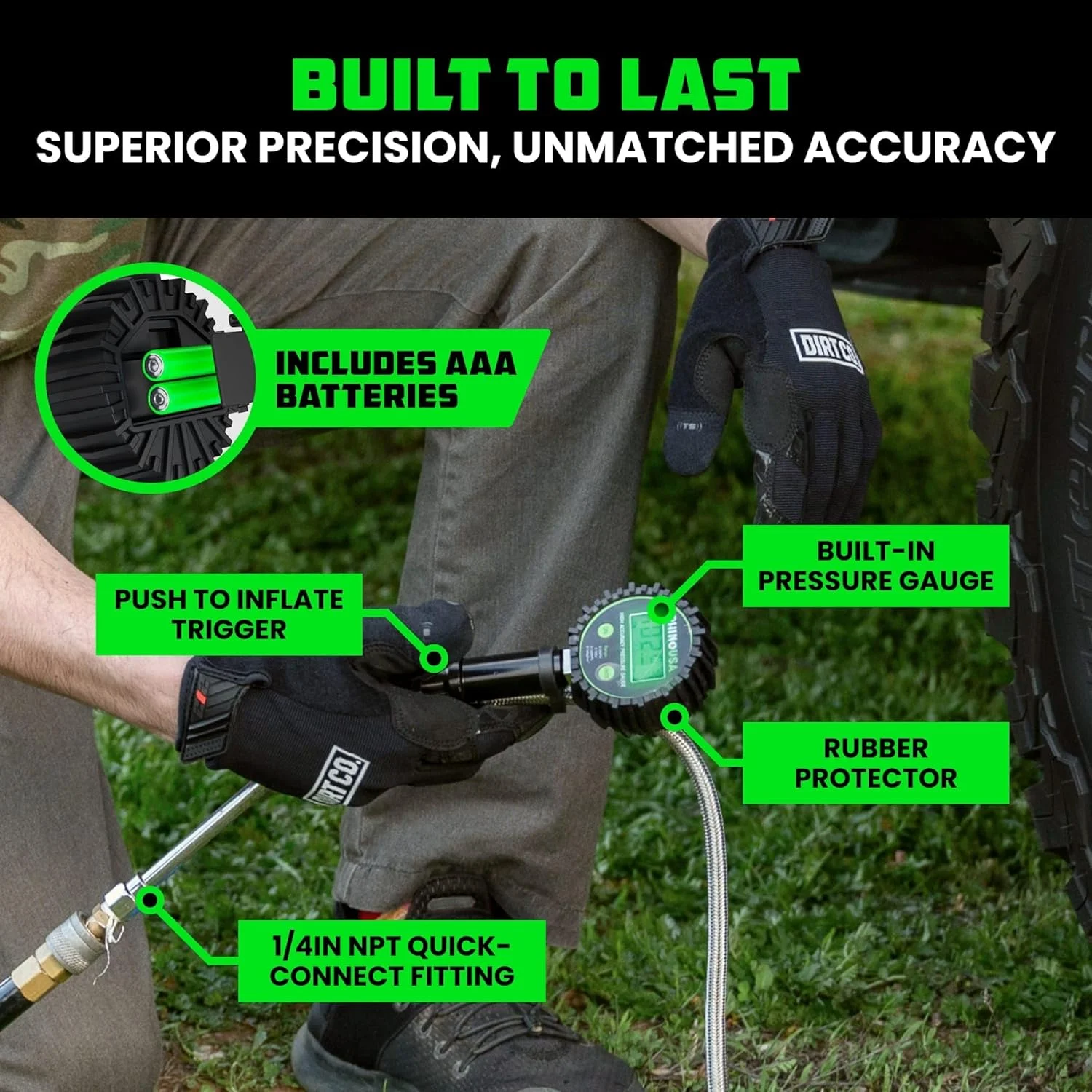 فشارسنج لاستیک سنگین رینو USA (0-200 PSI) - دارای دقت تایید شده ANSI B40.1، صفحه نمایش بزرگ 2 اینچی با قابلیت خواندن آسان، شیلنگ بافته شده ممتاز، سخت افزار برنجی جامد، بهترین برای هر خودرو، کامیون، موتور سیکلت، RV