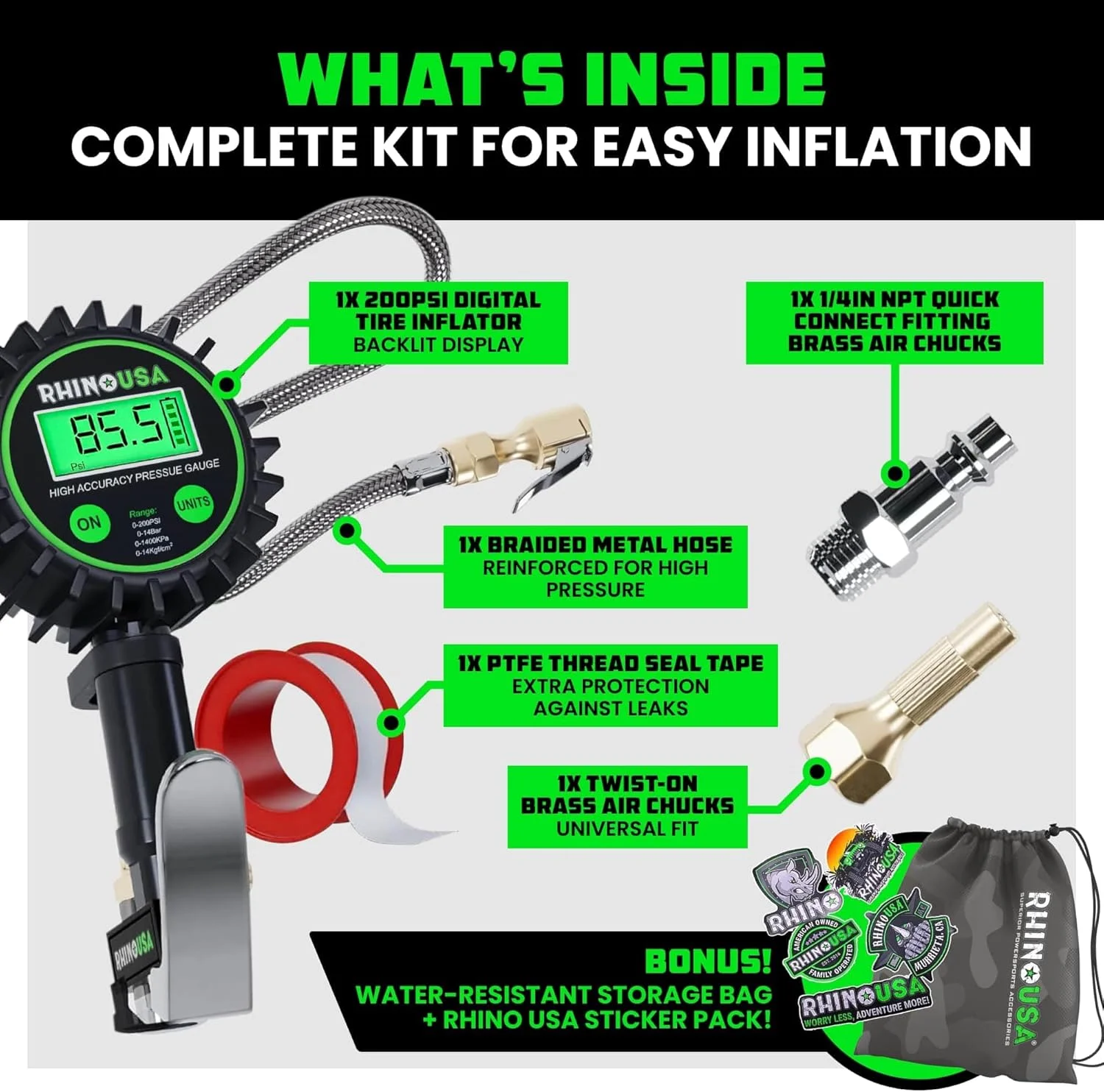 فشارسنج لاستیک سنگین رینو USA (0-200 PSI) - دارای دقت تایید شده ANSI B40.1، صفحه نمایش بزرگ 2 اینچی با قابلیت خواندن آسان، شیلنگ بافته شده ممتاز، سخت افزار برنجی جامد، بهترین برای هر خودرو، کامیون، موتور سیکلت، RV