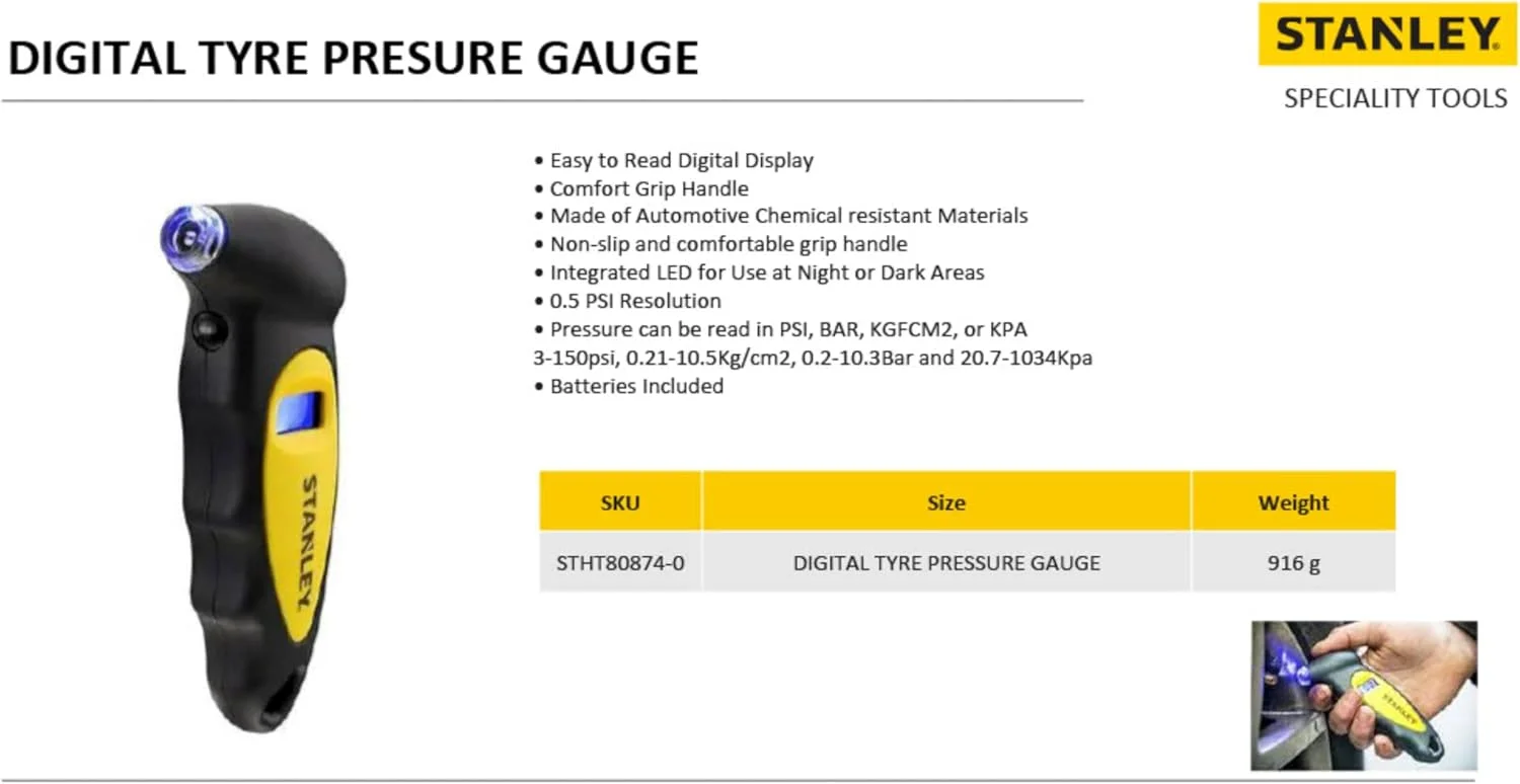 فشارسنج دیجیتال لاستیک استنلی با نمایشگر دیجیتال، زرد/مشکی مدل Stht80874 0