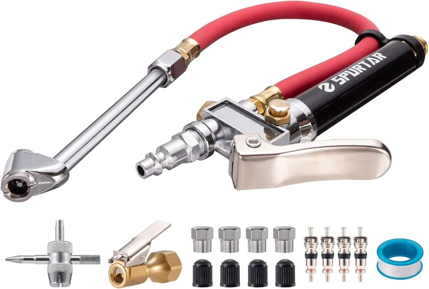 دستگاه تنظیم باد لاستیک خودرو Spurtar با فشار 10-120 PSI به همراه ابزار 4 طرفه، هسته والف، شلنگ هوا 12 اینچی برای کامیون، موتورسیکلت و دوچرخه دستگاه تنظیم باد لاستیک خودرو Spurtar با فشار 10-120 PSI به همراه ابزار 4 طرفه، هسته والف، شلنگ هوا 12 اینچی برای کامیون، موتورسیکلت و دوچرخه