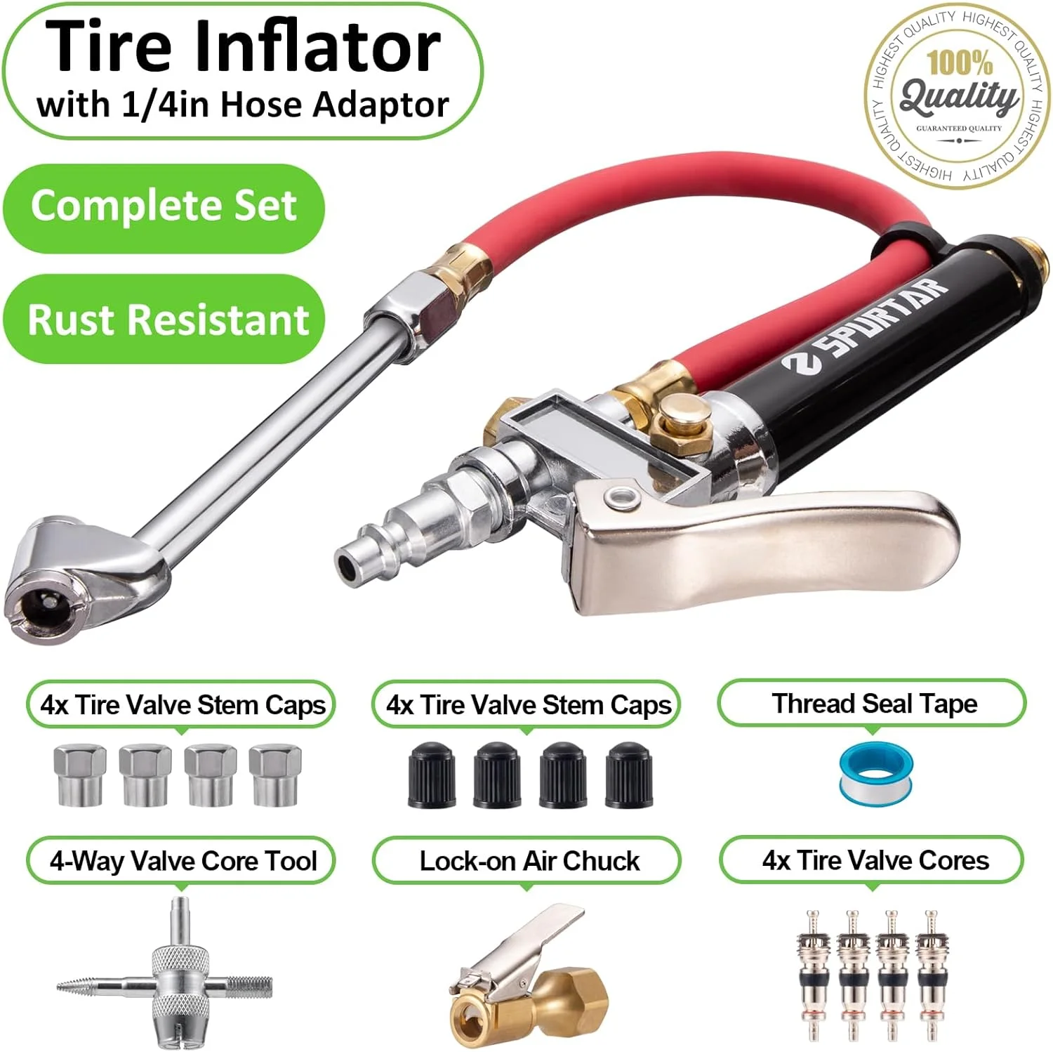 دستگاه تنظیم باد لاستیک خودرو Spurtar با فشار 10-120 PSI به همراه ابزار 4 طرفه و هسته های والف، تفنگ فشار لاستیک با شلنگ هوا 12 اینچی برای کامیون، موتور سیکلت و دوچرخه دستگاه تنظیم باد لاستیک خودرو Spurtar با فشار 10-120 PSI به همراه ابزار 4 طرفه و هسته های والف، تفنگ فشار لاستیک با شلنگ هوا 12 اینچی برای کامیون، موتور سیکلت و دوچرخه