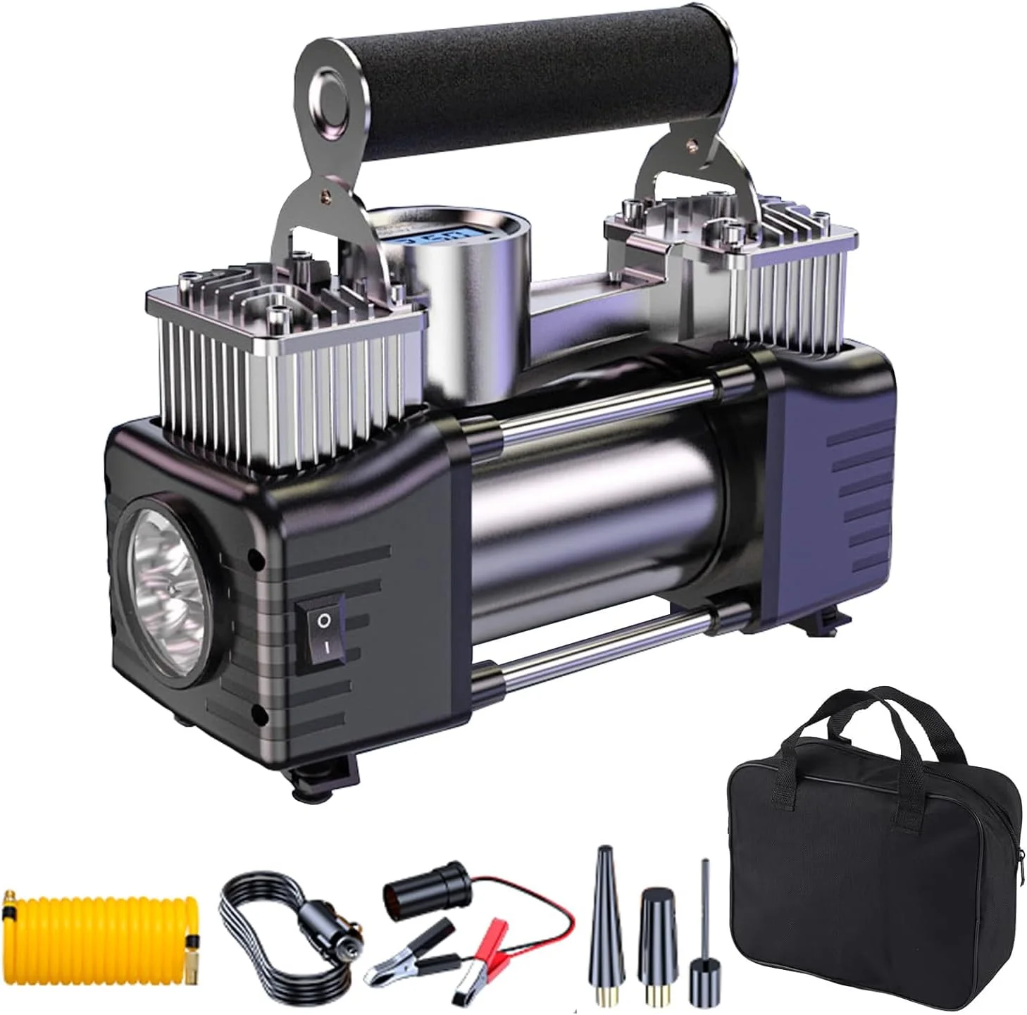 پمپ باد تایر قابل حمل، کمپرسور هوای دو سیلندر سنگین 12 ولت با فشار 150 PSI به همراه فشارسنج دیجیتال و چراغ LED مناسب خودروهای پیکاپ، شاسی بلند، آفرود و ATV با قابلیت خاموشی خودکار و سرعت 4 برابر پمپ باد تایر قابل حمل، کمپرسور هوای دو سیلندر سنگین 12 ولت با فشار 150 PSI به همراه فشارسنج دیجیتال و چراغ LED مناسب خودروهای پیکاپ، شاسی بلند، آفرود و ATV با قابلیت خاموشی خودکار و سرعت 4 برابر