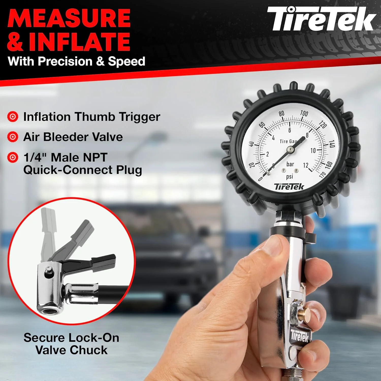 فشارسنج تایر TIRETEK با قابلیت باد کردن (170 PSI) - فشارسنج هوا برای تایرها - اتصال بادکننده تایر کمپرسور هوا فشارسنج تایر TIRETEK با قابلیت باد کردن (170 PSI) - فشارسنج هوا برای تایرها - اتصال بادکننده تایر کمپرسور هوا