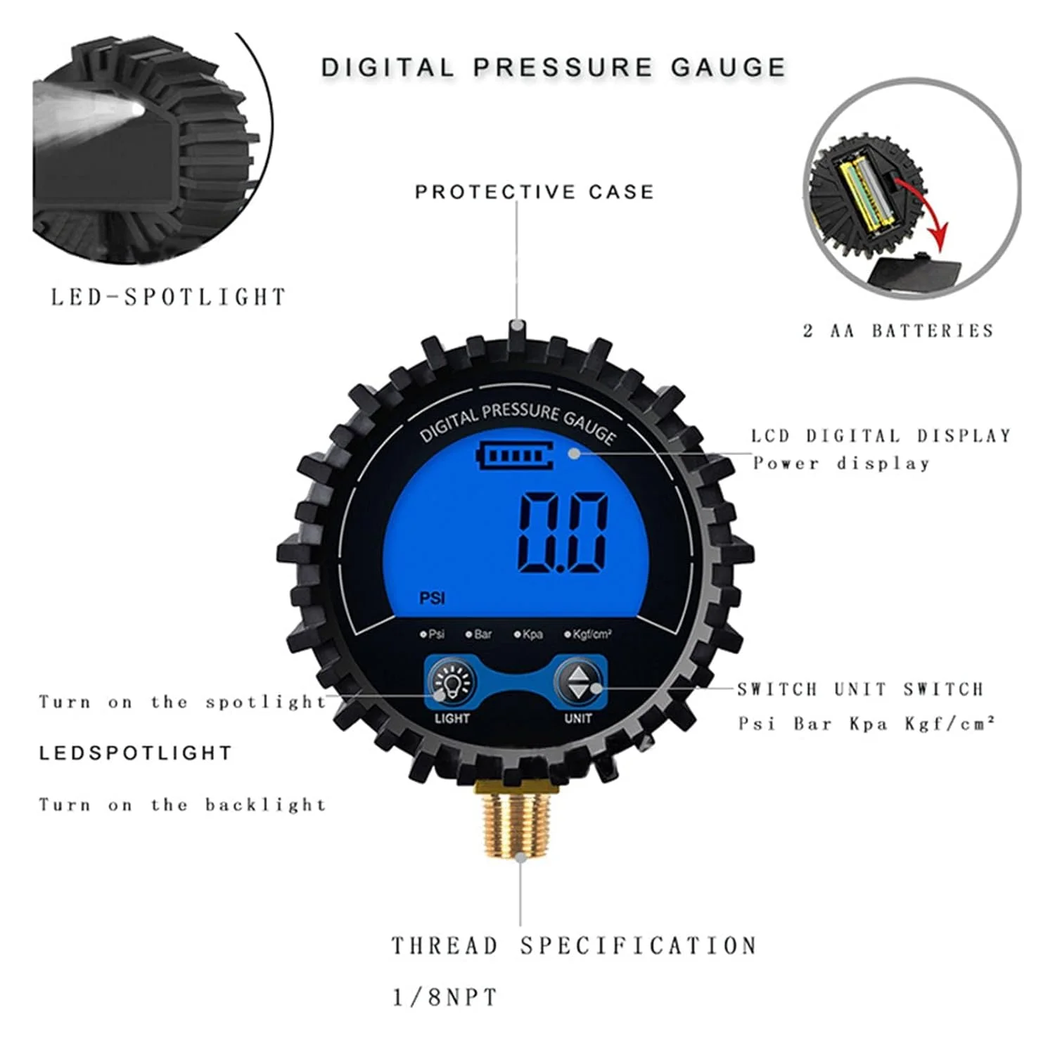 فشارسنج دیجیتال هوای TERRIFI با صفحه نمایش بزرگ - رزوه 1/8 اینچ 10 میلی متری، قابل باد کردن، اندازه گیری دقیق فشارسنج دیجیتال هوای TERRIFI با صفحه نمایش بزرگ - رزوه 1/8 اینچ 10 میلی متری، قابل باد کردن، اندازه گیری دقیق