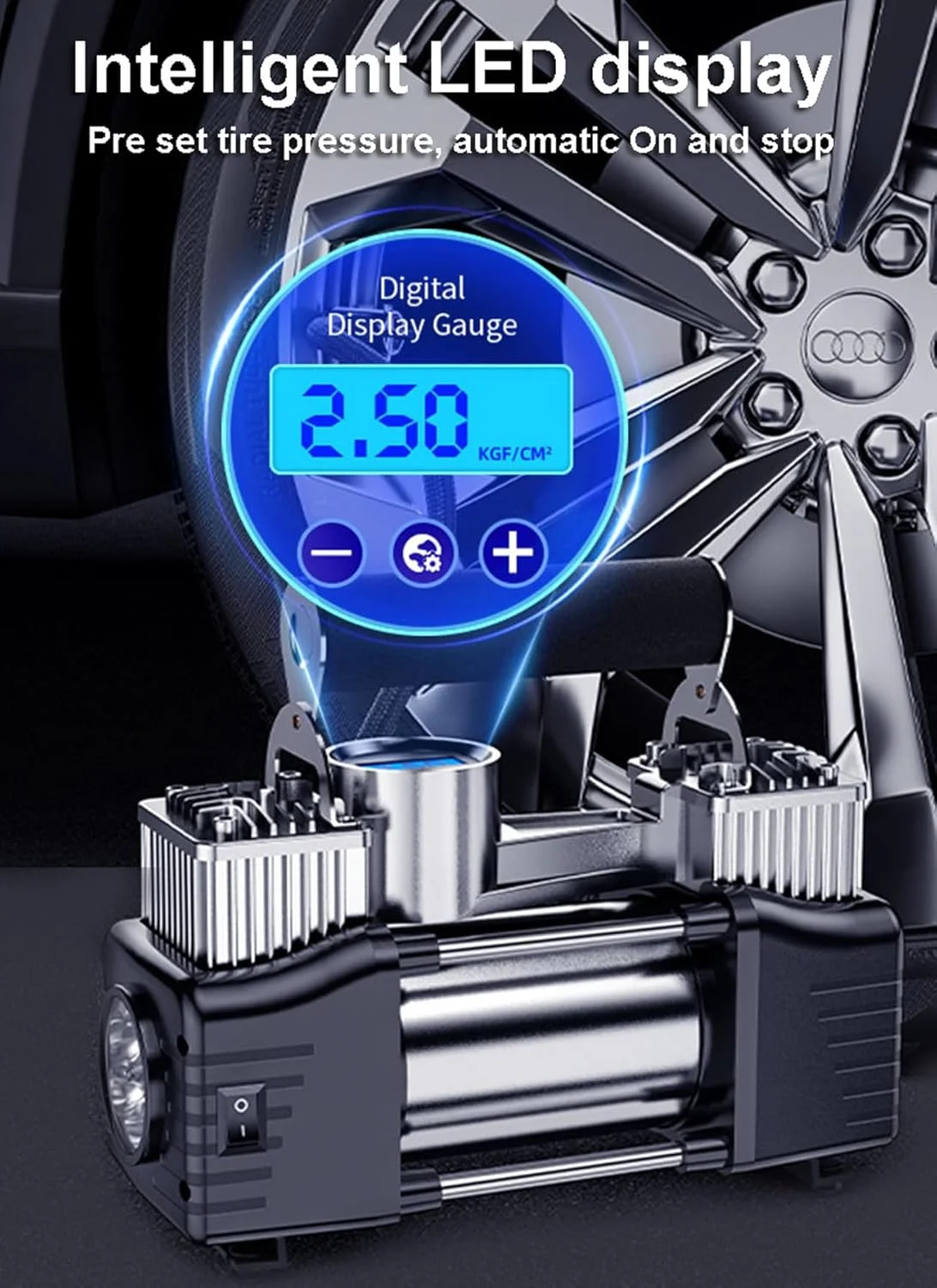 پمپ باد تایر قابل حمل، کمپرسور هوای دو سیلندر سنگین 12 ولت با فشار 150 PSI به همراه فشارسنج دیجیتال و چراغ LED مناسب خودروهای پیکاپ، شاسی بلند، آفرود و ATV با قابلیت خاموشی خودکار و سرعت 4 برابر پمپ باد تایر قابل حمل، کمپرسور هوای دو سیلندر سنگین 12 ولت با فشار 150 PSI به همراه فشارسنج دیجیتال و چراغ LED مناسب خودروهای پیکاپ، شاسی بلند، آفرود و ATV با قابلیت خاموشی خودکار و سرعت 4 برابر