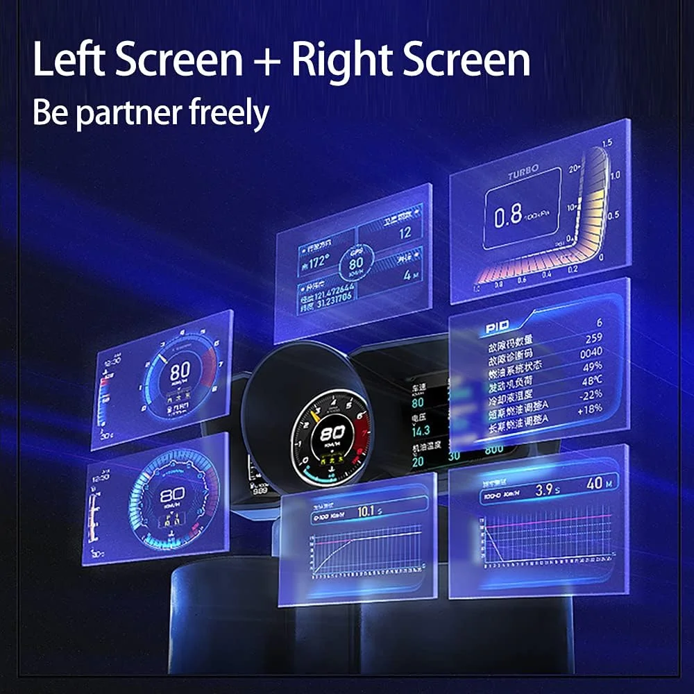 نمایشگر سرعت جدید HUD، نمایشگر سه گانه همزمان، خوشه سنج OBD2 دو تراشه + سرعت سنج GPS جهانی، سرعت سنج دیجیتال دور موتور، دمای خنک کننده، دمای روغن، فشار توربو