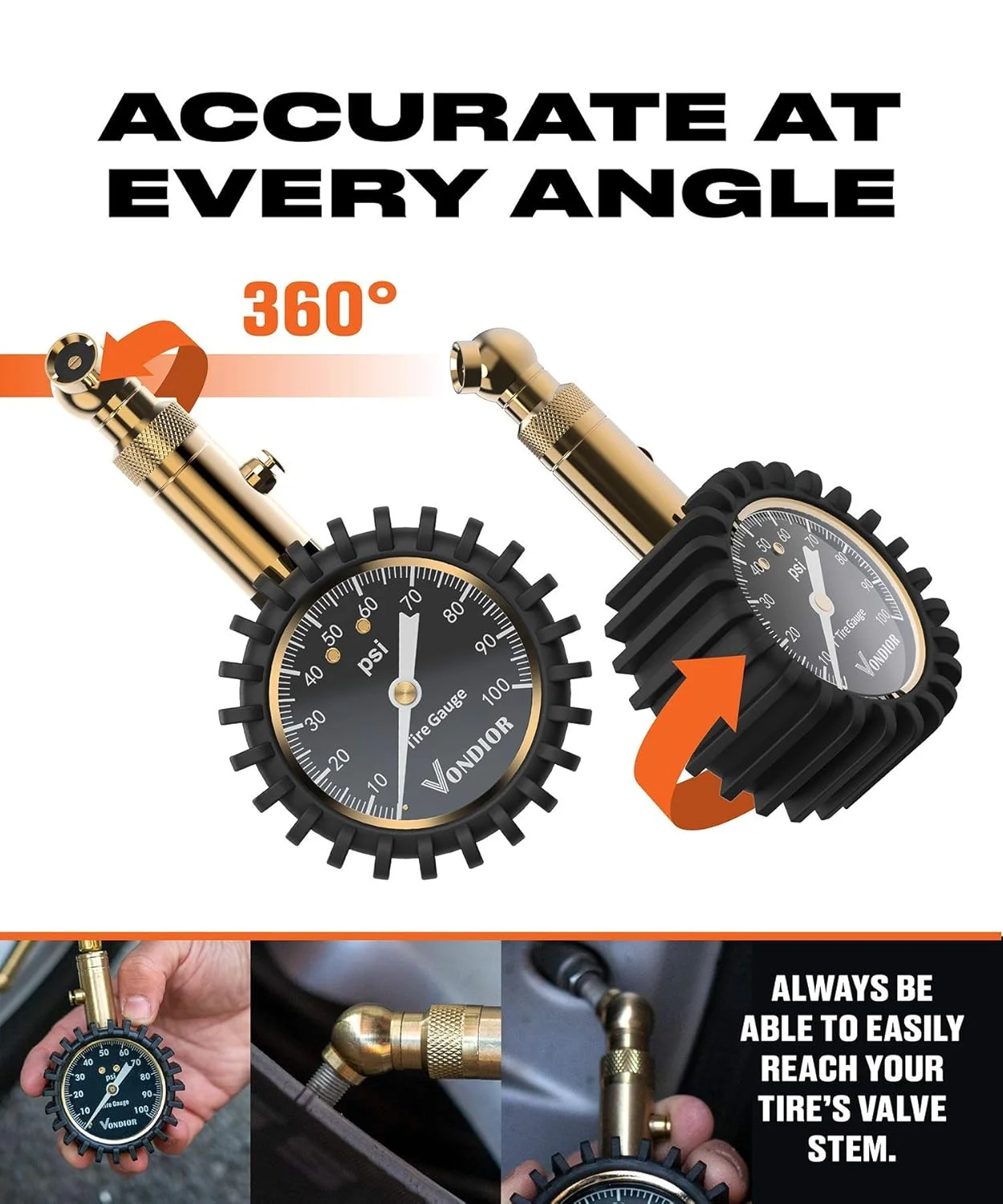 فشارسنج تایر Vondior (0-100 PSI) با کیفیت بالا، دارای گواهی ANSI با صفحه نمایش بزرگ 2 اینچی با قابلیت خواندن آسان، فشارسنج بادی کم - زیاد. فشارسنج تایر برای خودرو و کامیون