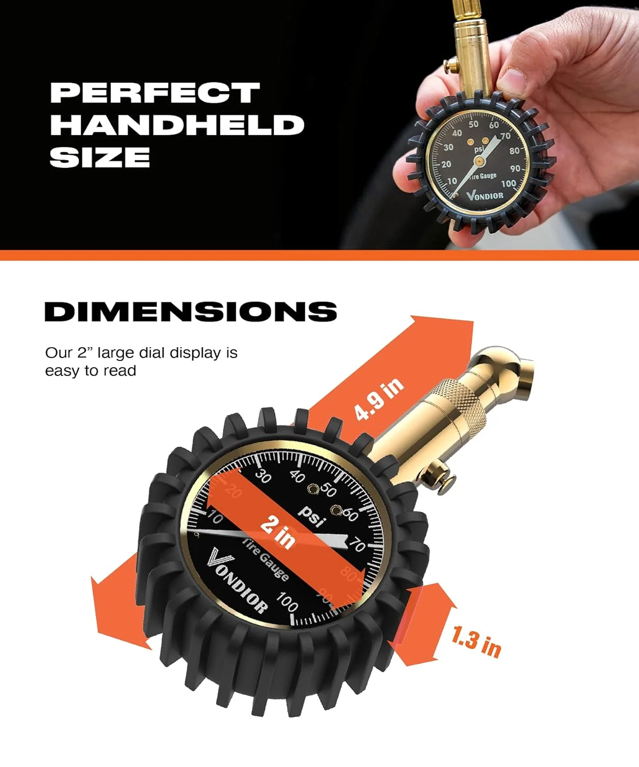 فشارسنج تایر Vondior (0-100 PSI) با کیفیت بالا، دارای گواهی ANSI با صفحه نمایش بزرگ 2 اینچی با قابلیت خواندن آسان، فشارسنج بادی کم - زیاد. فشارسنج تایر برای خودرو و کامیون