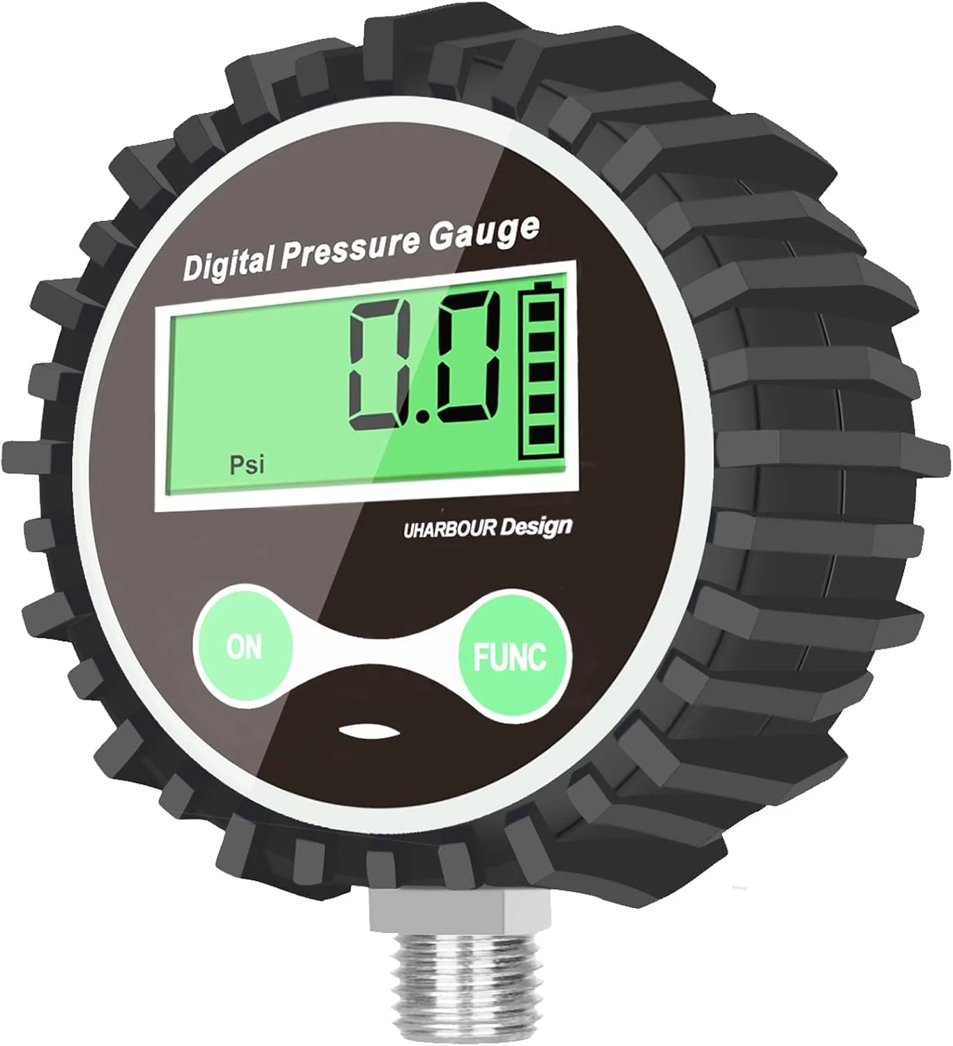 فشارسنج دیجیتال هوا UHARBOUR 0-200 PSI، فشارسنج دیجیتال با اتصال پایین 1/4 NPT و محافظ لاستیکی، دقت 1% .F.S، فشارسنج هوا