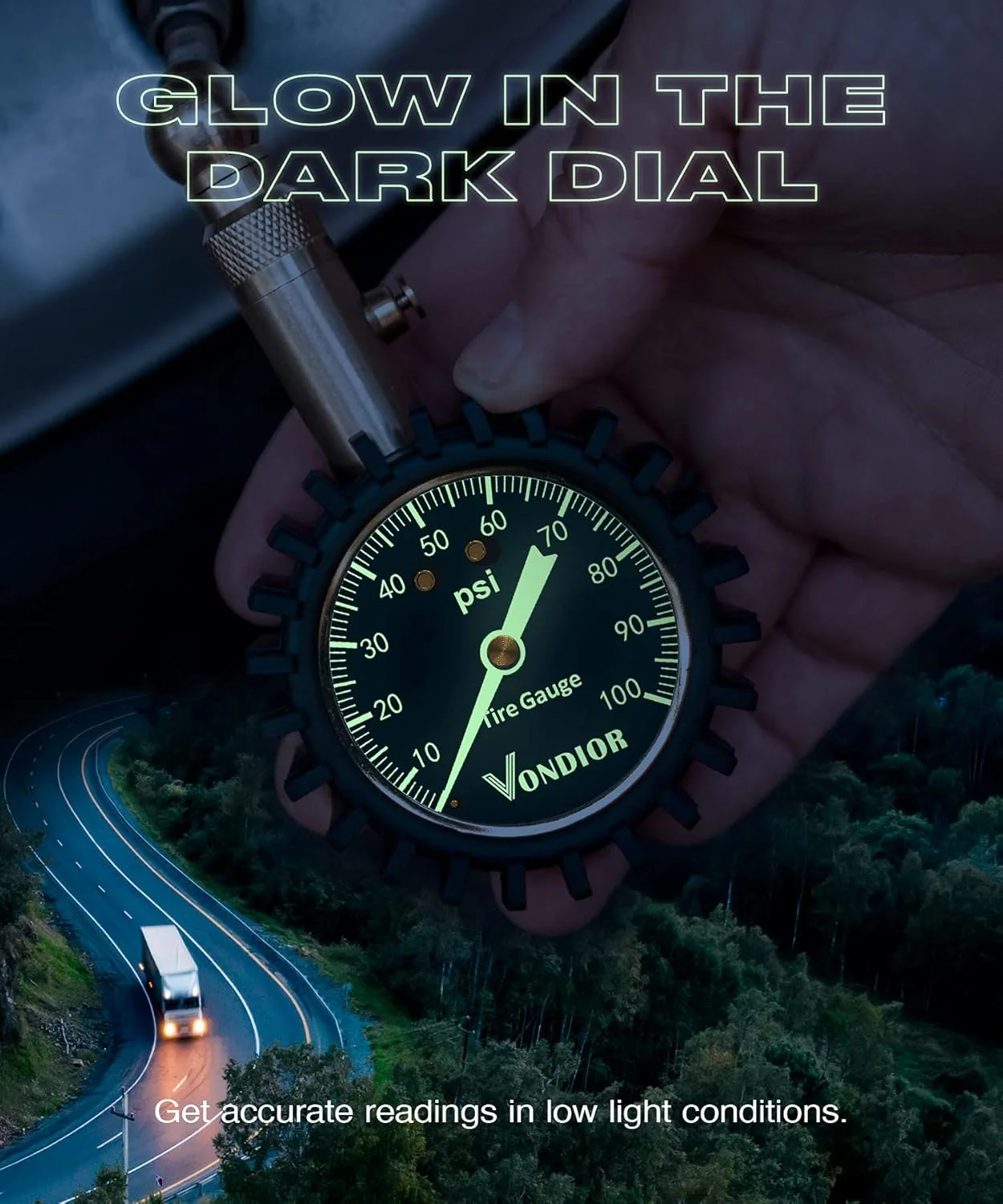 فشارسنج تایر Vondior (0-100 PSI) با کیفیت بالا، دارای گواهی ANSI با صفحه نمایش بزرگ 2 اینچی با قابلیت خواندن آسان، فشارسنج بادی کم - زیاد. فشارسنج تایر برای خودرو و کامیون