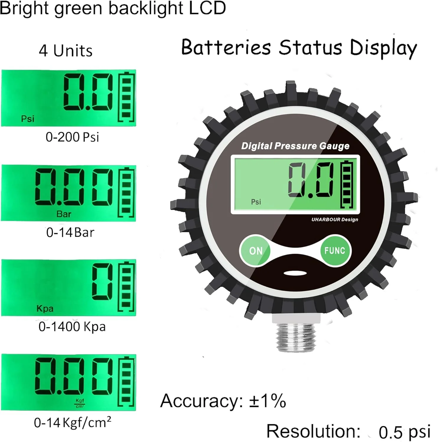 فشارسنج دیجیتال هوا UHARBOUR 0-200 PSI، فشارسنج دیجیتال با اتصال پایین 1/4 NPT و محافظ لاستیکی، دقت 1% .F.S، فشارسنج هوا