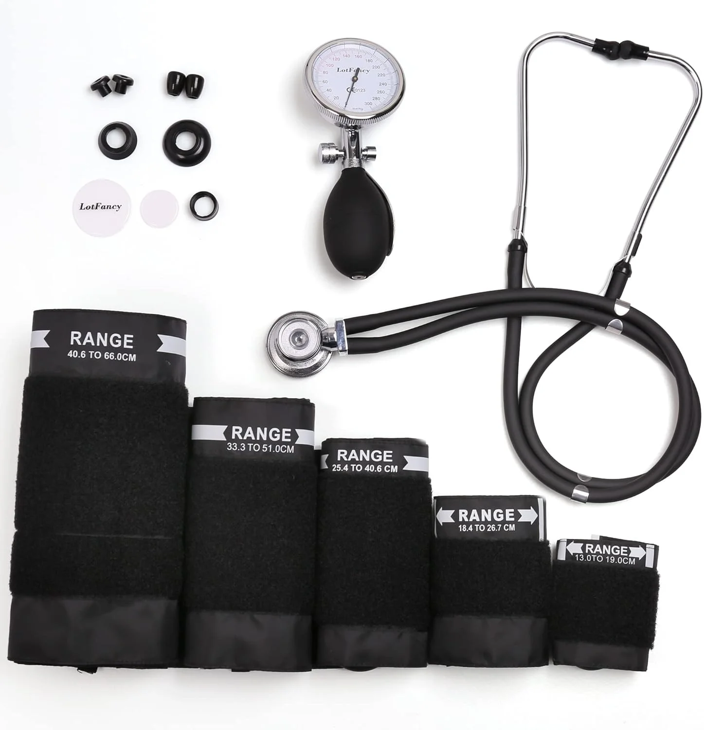 مجموعه گوشی پزشکی و فشارسنج عقربه ای LotFancy، کاف فشار خون دستی 5 در 1 برای نوزادان، کودکان، بزرگسالان، بزرگسالان سایز بزرگ، کاف ران، کیف حمل
