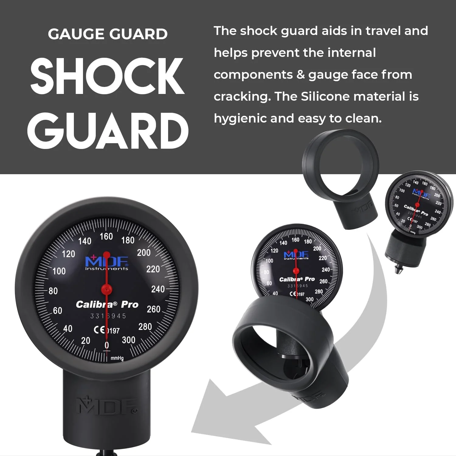 فشارسنج عقربه ای بزرگ مدل Calibra Pro از MDF Instruments با محافظ ضد ضربه و کاف سایز بزرگسال، صفحه مشکی، کاف مشکی، MDF808B11 فشارسنج عقربه ای بزرگ مدل Calibra Pro از MDF Instruments با محافظ ضد ضربه و کاف سایز بزرگسال، صفحه مشکی، کاف مشکی، MDF808B11