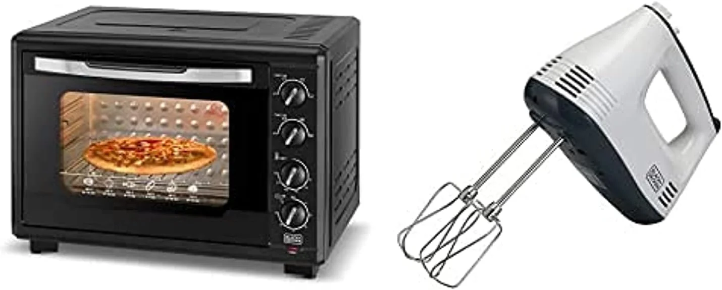 آون توستر دوقلو شیشه ای 55 لیتری مشکی و دکر با قابلیت جوجه گردان برای تست کردن/پخت/کباب کردن، + همزن دستی 300 وات