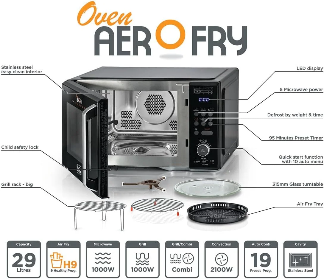 مایکروویو دیجیتال 4 در 1 بلک اند دکر با سرخ کن هوا، گریل و کانوکشن، ظرفیت 29 لیتر، 10 منوی پخت خودکار، 9 تنظیمات از پیش تعیین شده سرخ کن هوا، 5 سطح قدرت، چراغ LED، ایده آل برای خانواده ها - مشکی، MZAF2910-B5