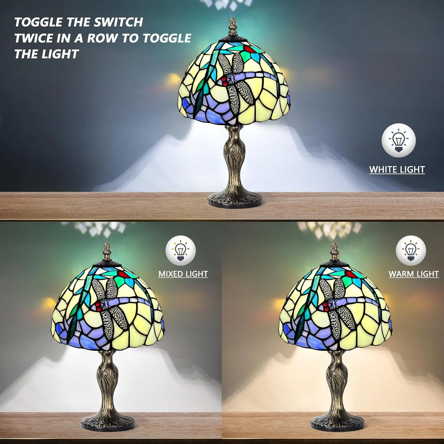 چراغ رومیزی شیشه ای رنگی MIAOKE، چراغ رومیزی به سبک مهره های کریستالی شیشه ای رنگی، چراغ خواب رومیزی دست ساز، چراغ مطالعه کنار تخت، هدیه هنری عتیقه برای اتاق نشیمن، اتاق خواب، مطالعه، قفسه کتاب