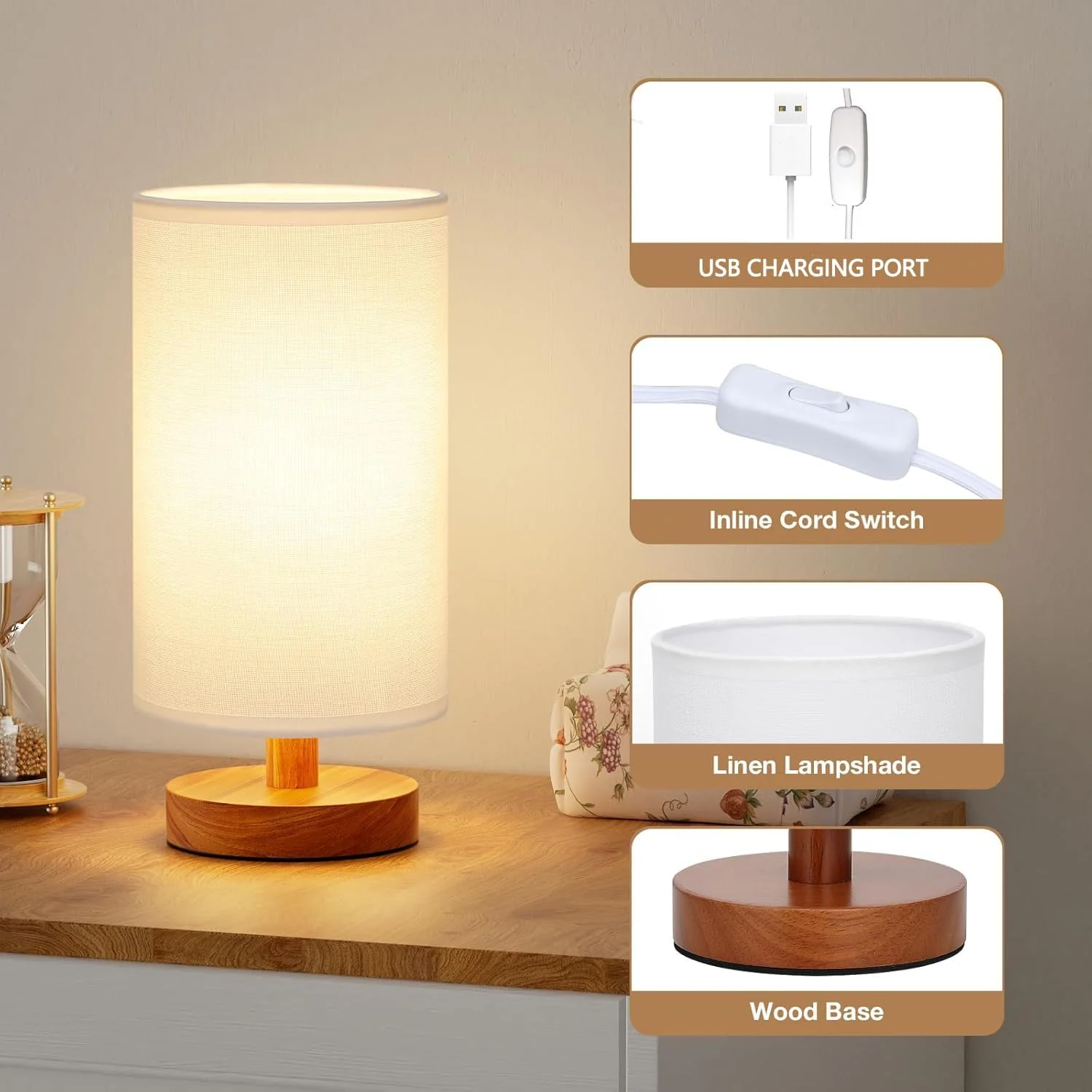 چراغ خواب کنار تختی Necomi، چراغ های LED اتاق خواب با کابل USB، چراغ رومیزی کنار تخت، پایه گرد چوبی جامد مینیمالیستی با سایه پارچه ای برای اتاق نشیمن، اتاق کودک، دفتر کار