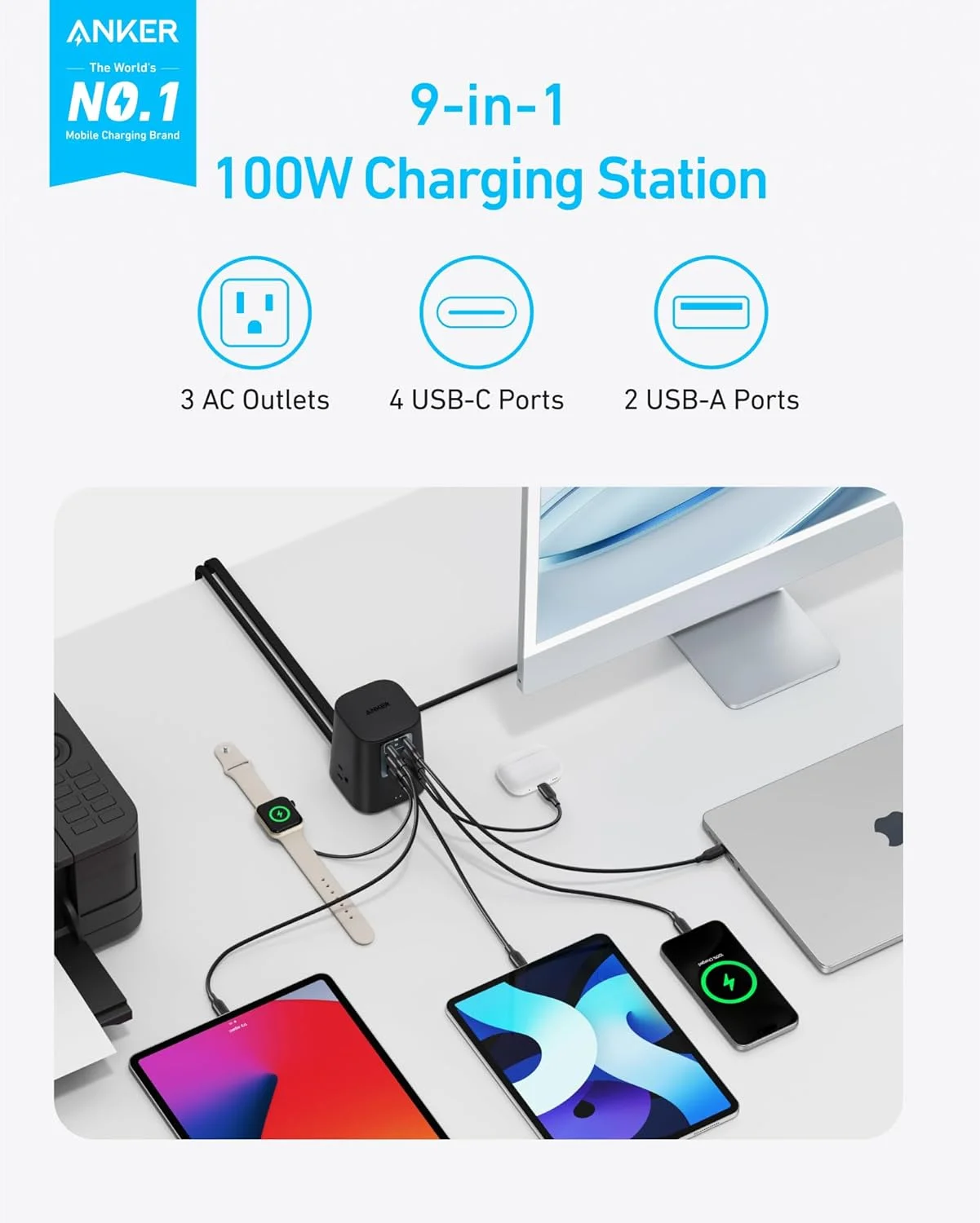 ایستگاه شارژ انکر (100 وات)، چند راهی برق USB C نه در یک با محافظت 300 ژول، برای آیفون 15 و مک بوک، کابل و دوشاخه تخت 1.5 متری، 4 پورت USB C و 2 پورت USB A، 3 پریز برق AC، برای خانه، دفتر ایستگاه شارژ انکر (100 وات)، چند راهی برق USB C نه در یک با محافظت 300 ژول، برای آیفون 15 و مک بوک، کابل و دوشاخه تخت 1.5 متری، 4 پورت USB C و 2 پورت USB A، 3 پریز برق AC، برای خانه، دفتر