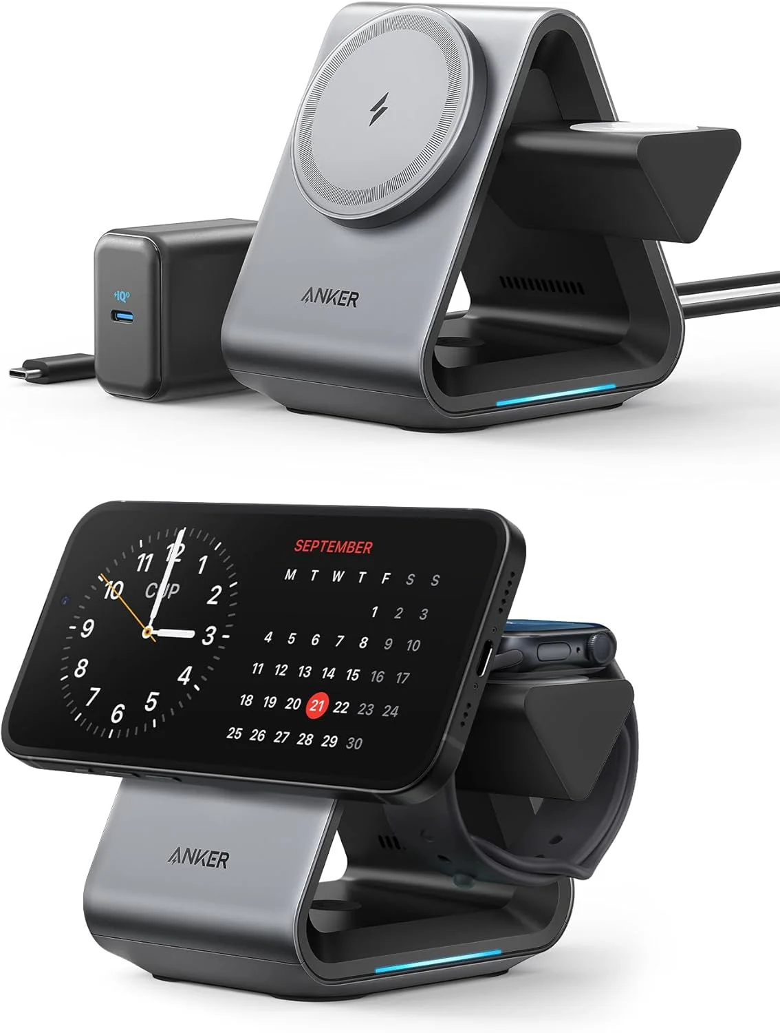 استند شارژر بی‌سیم 3 در 1 انکر 737 MagGo سازگار با MagSafe و دارای گواهی MFi با حداکثر سرعت شارژ برای آیفون 14/13/12، اپل واچ S8/Ultra، ایرپادز 3/Pro (شامل شارژر 30 واتی USB-C)