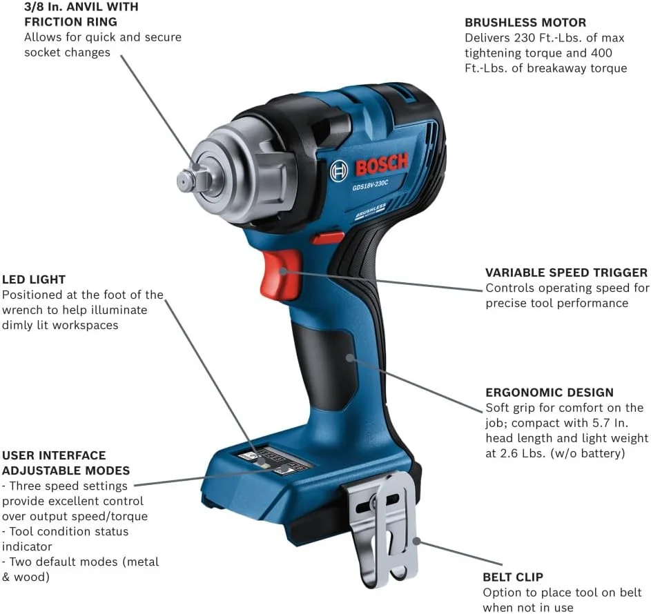 آچار بکس ضربه ای بوش GDS18V-230CN 18 ولت 3/8 اینچ: جمع و جور با قابلیت توقف خودکار (فقط ابزار) آچار بکس ضربه ای بوش GDS18V-230CN 18 ولت 3/8 اینچ: جمع و جور با قابلیت توقف خودکار (فقط ابزار)