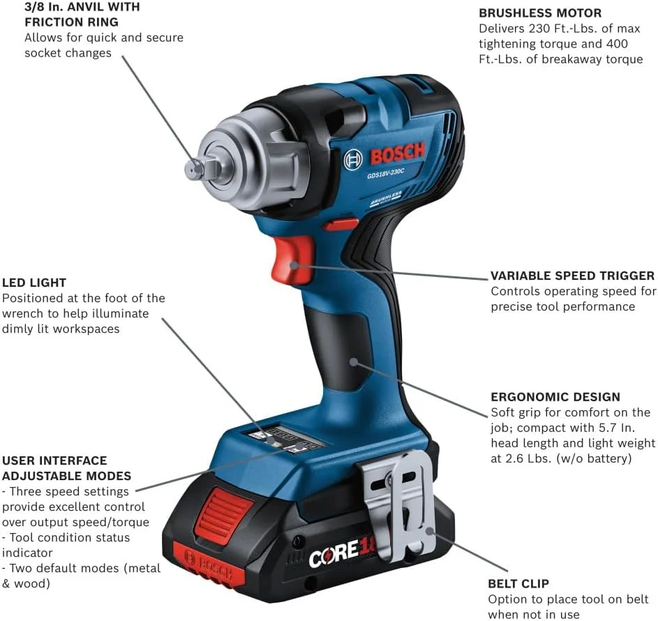 آچار بکس ضربه ای بوش GDS18V-230CB24، 18 ولت، 3/8 اینچ | گشتاور بازکردن 542 نیوتن متر، حداکثر گشتاور بستن 312 نیوتن متر، 3 تنظیمات سرعت/گشتاور، رهاسازی خودکار پیچ، همراه با 2 باتری 4 آمپر ساعتی CORE18V® و شارژر