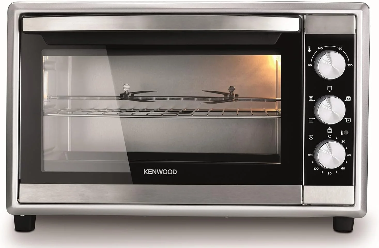 توستر آون 70 لیتری کنوود - آون توستر گریل با ظرفیت بزرگ، درب شیشه ای دوجداره، چند منظوره با جوجه گردان و عملکرد کانوکشن برای گریل کردن، تست کردن، برشته کردن، پختن، یخ زدایی مدل MOM70 نقره ای