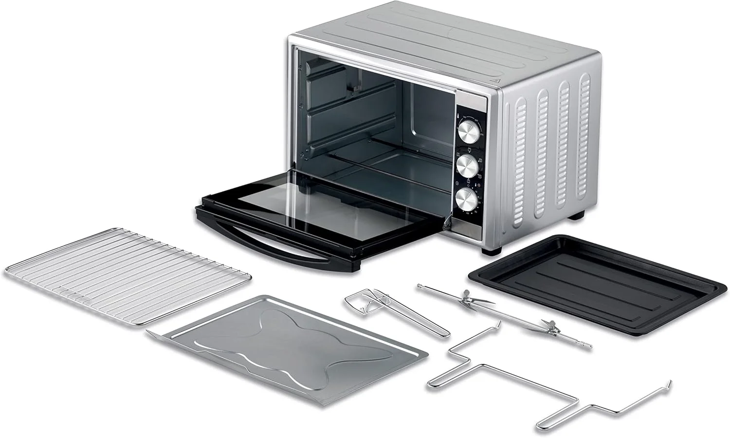 توستر آون 45 لیتری کنوود - آون توستر گریل با ظرفیت بزرگ، درب شیشه ای دوجداره، چند منظوره با جوجه گردان و عملکرد کانوکشن برای گریل کردن، تست کردن، برشته کردن، پختن و یخ زدایی مدل MOM45 نقره ای