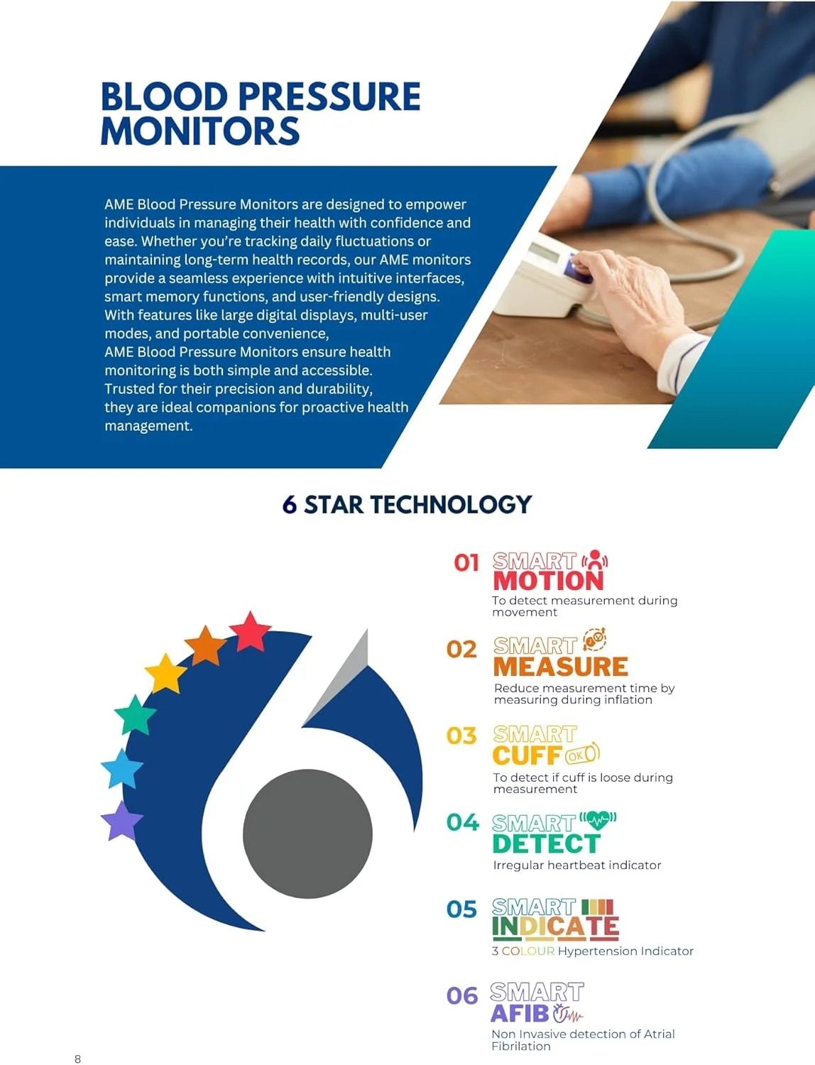 دستگاه فشار خون بازویی AME با فناوری SmartDetect، SmartIndicate، SmartCuff و SmartMotion دستگاه فشار خون بازویی AME با فناوری SmartDetect، SmartIndicate، SmartCuff و SmartMotion