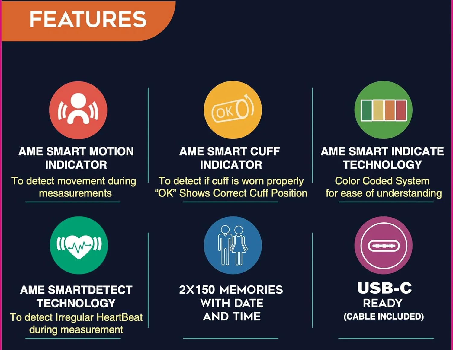 دستگاه فشار خون بازویی AME با فناوری SmartDetect، SmartIndicate، SmartCuff و SmartMotion دستگاه فشار خون بازویی AME با فناوری SmartDetect، SmartIndicate، SmartCuff و SmartMotion